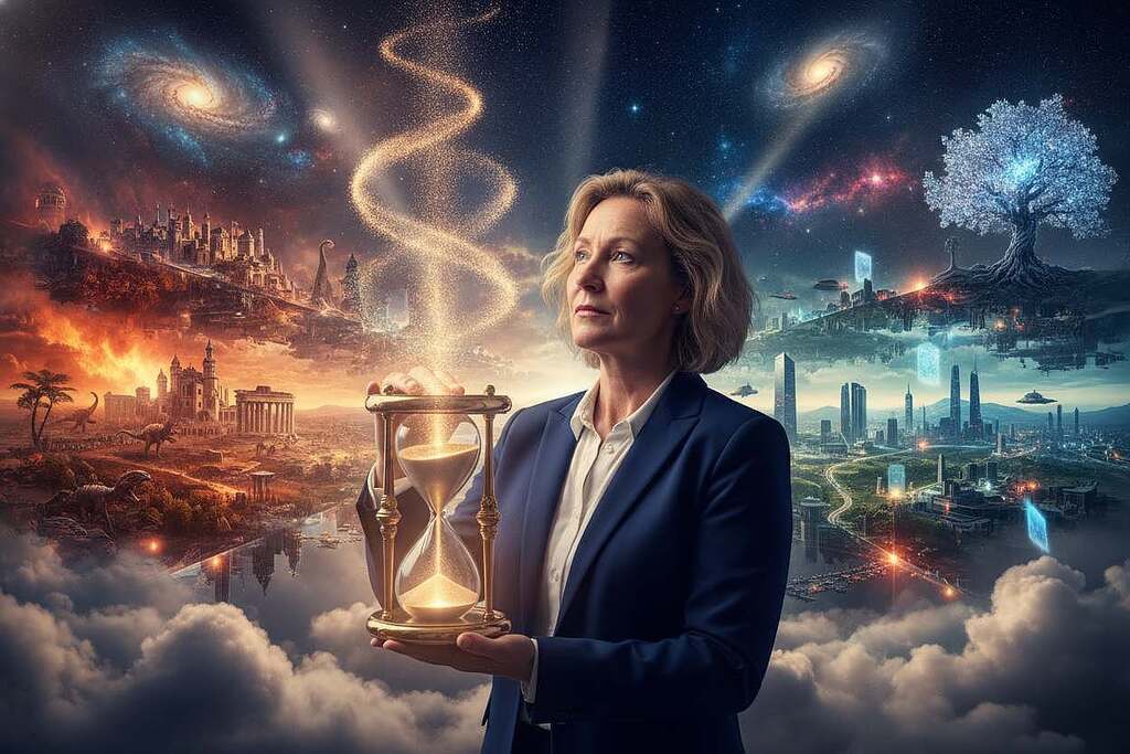 A surreal representation of the concept of 'zeit-illusion' and 'blockuniversum.' In the foreground, a European scientist, dressed in professional attire, holds a glowing hourglass, symbolizing the flow of time, as shimmering grains of sand cascade. The middle ground features a vast, intricate landscape with multiple overlapping dimensions and timelines, showing the past, present, and future with vibrant colors transitioning from warm hues to cool shades. In the background, a cosmic space filled with swirling galaxies and nebulas contrasts with a static tree representing permanence. Dramatic lighting highlights the figure's face, creating a contemplative mood, as rays of light break through clouds, casting soft shadows across the scene. The angle emphasizes the depth of the universe and the complexity of time's illusion.