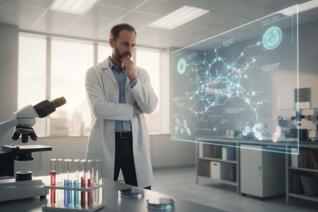 A thoughtful and intelligent European scientist stands in a modern laboratory, examining a complex immune system model displayed on a sleek digital screen. The foreground features lab equipment, such as test tubes and microscopes, illustrating the scientific investigation theme. In the middle ground, the scientist, dressed in a professional lab coat, furrows his brow in contemplation, highlighting the tension and intrigue surrounding the contradictions in immune theory. The background showcases large windows letting in soft natural light, contrasting with the fluorescent lighting of the lab, creating a balance of warm and cool tones. The atmosphere is one of serious inquiry and discovery, subtly reflecting the challenges and unanswered questions within the concept of the immune system. A thoughtful and intelligent European scientist stands in a modern laboratory, examining a complex immune system model displayed on a sleek digital screen. The foreground features lab equipment, such as test tubes and microscopes, illustrating the scientific investigation theme. In the middle ground, the scientist, dressed in a professional lab coat, furrows his brow in contemplation, highlighting the tension and intrigue surrounding the contradictions in immune theory. The background showcases large windows letting in soft natural light, contrasting with the fluorescent lighting of the lab, creating a balance of warm and cool tones. The atmosphere is one of serious inquiry and discovery, subtly reflecting the challenges and unanswered questions within the concept of the immune system.