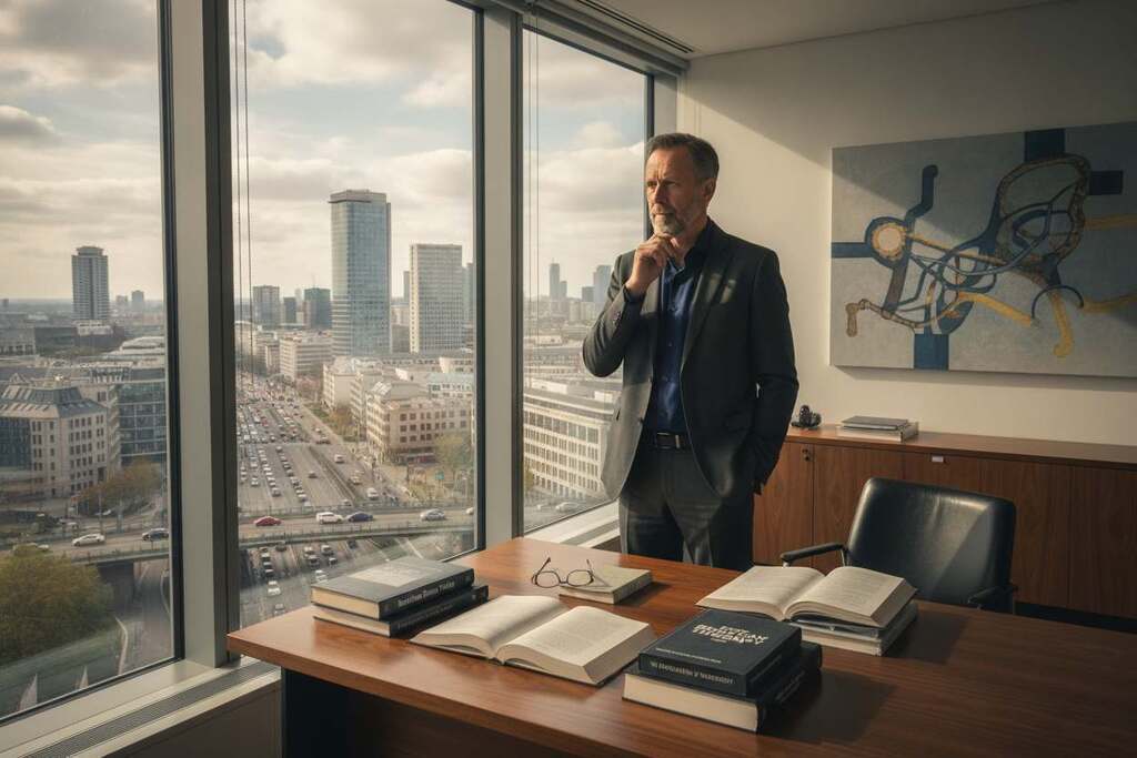 A thoughtful European intellectual in professional attire stands contemplatively in a modern office space. In the foreground, a large window reveals a bustling cityscape symbolizing contemporary Germany. The middle ground features a polished wooden desk with books on philosophy and political theory, hinting at Bertolt Brecht's influence. The background shows abstract artwork representing societal progress and intelligence, with warm, diffused natural light streaming in, creating an inviting atmosphere. Use a slightly elevated perspective to capture the depth of the space and evoke a sense of contemplation and critique. The overall mood is reflective, highlighting the tension between artistic integrity and societal adaptation in the 21st century.