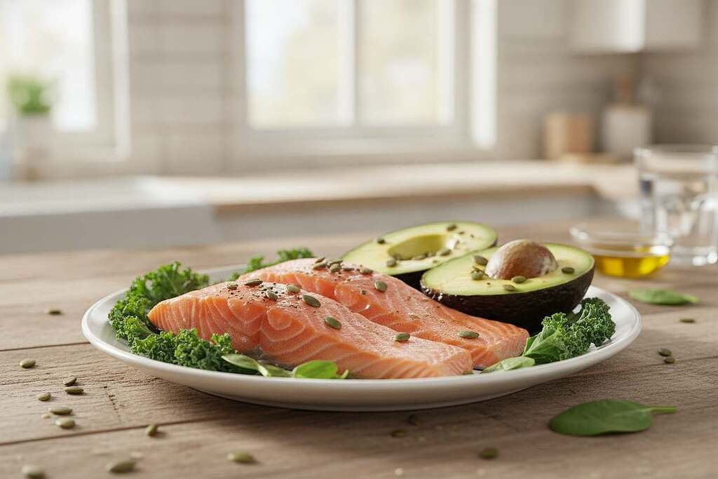 A vibrant and inviting still life featuring omega-3 rich foods: a beautifully arranged plate showcasing slices of fresh salmon, creamy avocado halves, and a scattering of pumpkin seeds, all exuding freshness. In the foreground, the plate is surrounded by soft, lush green leaves to evoke a sense of health and vitality. The middle ground features a rustic wooden table, adding warmth to the scene, while the background softly blurs into a gentle, bright kitchen environment with natural light streaming in, creating an airy atmosphere. The overall mood is wholesome and nourishing, emphasizing the benefits of omega-3 fatty acids for tendons and nerves. The photo is captured with a shallow depth of field to focus on the food, shot with a 50mm lens for a crisp yet intimate feel. A vibrant and inviting still life featuring omega-3 rich foods: a beautifully arranged plate showcasing slices of fresh salmon, creamy avocado halves, and a scattering of pumpkin seeds, all exuding freshness. In the foreground, the plate is surrounded by soft, lush green leaves to evoke a sense of health and vitality. The middle ground features a rustic wooden table, adding warmth to the scene, while the background softly blurs into a gentle, bright kitchen environment with natural light streaming in, creating an airy atmosphere. The overall mood is wholesome and nourishing, emphasizing the benefits of omega-3 fatty acids for tendons and nerves. The photo is captured with a shallow depth of field to focus on the food, shot with a 50mm lens for a crisp yet intimate feel.