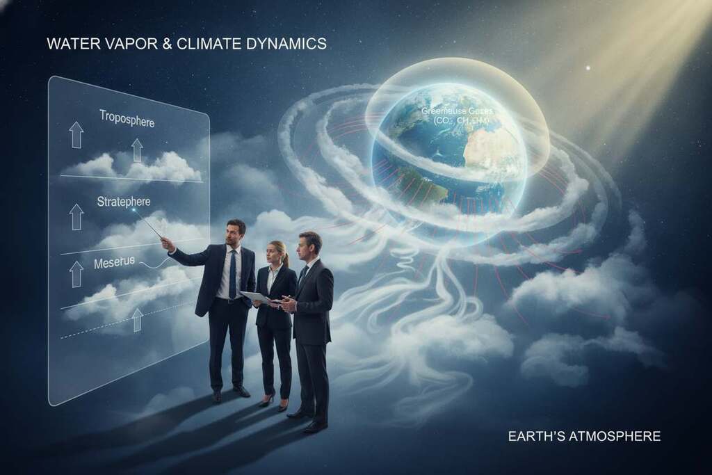 A visually captivating illustration of the greenhouse effect with a focus on water vapor. In the foreground, a diverse group of European scientists in professional business attire, discussing the effects of water vapor on climate, with one pointing to a detailed diagram of atmospheric layers. The middle ground features an overlay of clouds and water vapor rising, illustrated with soft gradients and translucent effects to emphasize moisture. In the background, a stylized Earth surrounded by atmospheric layers and radiative heat lines, reflecting the greenhouse effect. Soft sunlight filters down through the atmosphere, creating a serene yet informative atmosphere. Use a wide-angle lens perspective to capture the depth of the scene, highlighting the interaction between water vapor and climate dynamics. A visually captivating illustration of the greenhouse effect with a focus on water vapor. In the foreground, a diverse group of European scientists in professional business attire, discussing the effects of water vapor on climate, with one pointing to a detailed diagram of atmospheric layers. The middle ground features an overlay of clouds and water vapor rising, illustrated with soft gradients and translucent effects to emphasize moisture. In the background, a stylized Earth surrounded by atmospheric layers and radiative heat lines, reflecting the greenhouse effect. Soft sunlight filters down through the atmosphere, creating a serene yet informative atmosphere. Use a wide-angle lens perspective to capture the depth of the scene, highlighting the interaction between water vapor and climate dynamics.