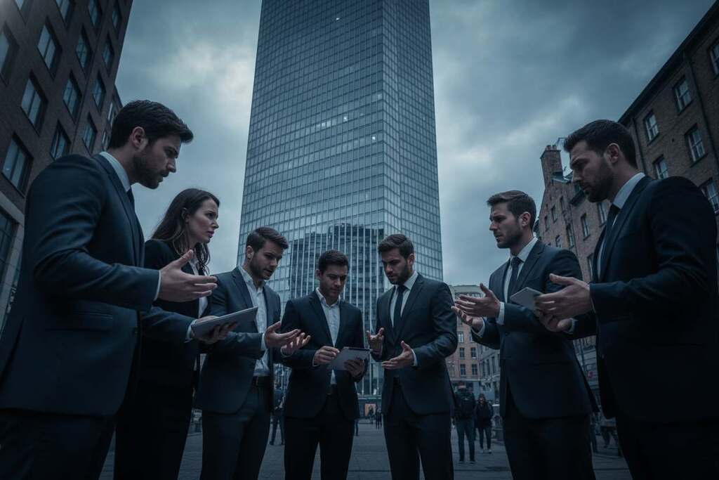 A visually compelling scene capturing "gesellschaftliche risiken" in a contemporary urban setting. In the foreground, a diverse group of European professionals in formal business attire engages in a tense discussion, embodying the pressures of institutional conformity. In the middle ground, a large corporate building looms, its glass facade reflecting a cloudy sky, symbolizing the cold, impersonal nature of modern institutions. The background features a blend of bustling city life with shadowy figures representing corruption lurking in the alleys, creating a sense of unease. Utilize dramatic lighting with high contrast to emphasize the seriousness of the theme, and a slightly low angle view to add depth and perspective to the composition. The overall mood is tense and thought-provoking, reflecting the underlying risks of societal adjustment mechanisms.