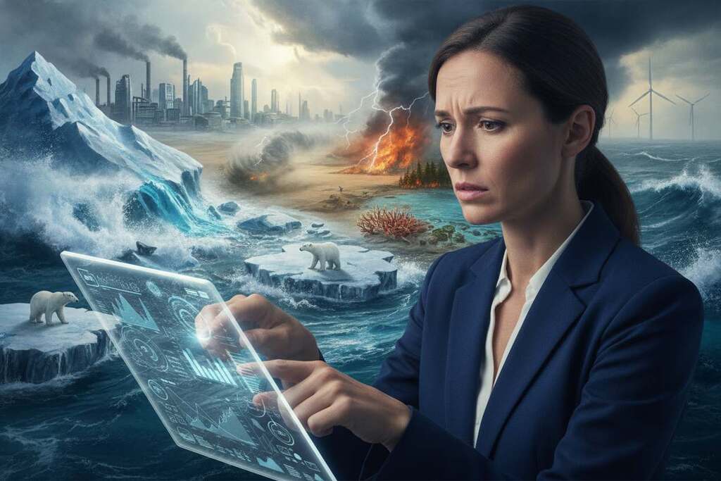 A visually striking and thought-provoking scene depicting climate system tipping points. In the foreground, a European scientist in professional attire examines a complex climate model on a digital tablet, looking concerned. The middle ground features a vibrant yet chaotic representation of climate phenomena, including melting glaciers, extreme weather events, and biodiversity loss, symbolizing tipping points. In the background, a dramatic skyline shows industrial buildings under a mix of dark storm clouds and faint sunlight breaking through, creating a contrast of impending crisis and hope. The mood is urgent yet contemplative, highlighting the tension between scientific reality and political narrative. Soft, diffused lighting enhances the seriousness of the situation, focusing on the scientist's expression. Capture the scene in a slightly elevated angle to convey a sense of depth and urgency. A visually striking and thought-provoking scene depicting climate system tipping points. In the foreground, a European scientist in professional attire examines a complex climate model on a digital tablet, looking concerned. The middle ground features a vibrant yet chaotic representation of climate phenomena, including melting glaciers, extreme weather events, and biodiversity loss, symbolizing tipping points. In the background, a dramatic skyline shows industrial buildings under a mix of dark storm clouds and faint sunlight breaking through, creating a contrast of impending crisis and hope. The mood is urgent yet contemplative, highlighting the tension between scientific reality and political narrative. Soft, diffused lighting enhances the seriousness of the situation, focusing on the scientist's expression. Capture the scene in a slightly elevated angle to convey a sense of depth and urgency.