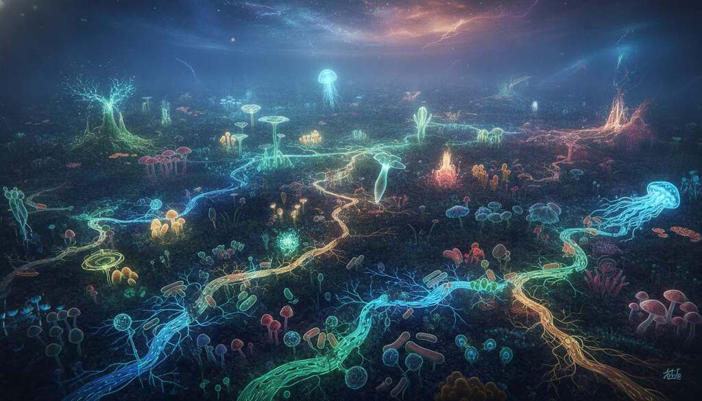 A visually striking illustration of energy flow in biological systems, showcasing vibrant biophotons coursing through organic structures. In the foreground, detailed cellular structures with glowing pathways highlight dynamic energy exchanges. The middle ground features interconnected flora and fauna, illuminated by an ethereal light, emphasizing their unity and interaction within a lush environment. The background presents a gradient of colors, representing the unseen forces of energy that permeate these biological interfaces. The scene is bathed in a soft, bioluminescent glow, suggesting a harmonious ecosystem. Use a slightly aerial perspective to capture the relationships and energy dynamics, enhancing the sense of depth and interaction among the elements. Aim for a mood that combines wonder with scientific inquiry, evoking curiosity about the complexities of energy within life forms.