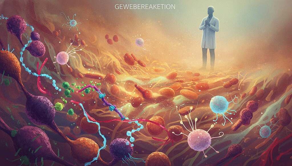 A visually striking illustration of "gewebereaktion," showcasing a vibrant, abstract representation of the immune response at a cellular level. In the foreground, detail the intricate interactions between immune cells, depicted in vivid colors and textures to emphasize their dynamic movement. The middle layer should transition into a softly illuminated environment representing tissue, with subtle color gradients suggesting inflammation and healing. In the background, include a blurred depiction of a human silhouette in professional attire, symbolizing the patient experience and the search for understanding symptoms. Employ soft, focused lighting to create an atmosphere evocative of enlightenment and discovery, shot from a slightly elevated angle to capture the full complexity of the scene. A visually striking illustration of "gewebereaktion," showcasing a vibrant, abstract representation of the immune response at a cellular level. In the foreground, detail the intricate interactions between immune cells, depicted in vivid colors and textures to emphasize their dynamic movement. The middle layer should transition into a softly illuminated environment representing tissue, with subtle color gradients suggesting inflammation and healing. In the background, include a blurred depiction of a human silhouette in professional attire, symbolizing the patient experience and the search for understanding symptoms. Employ soft, focused lighting to create an atmosphere evocative of enlightenment and discovery, shot from a slightly elevated angle to capture the full complexity of the scene.