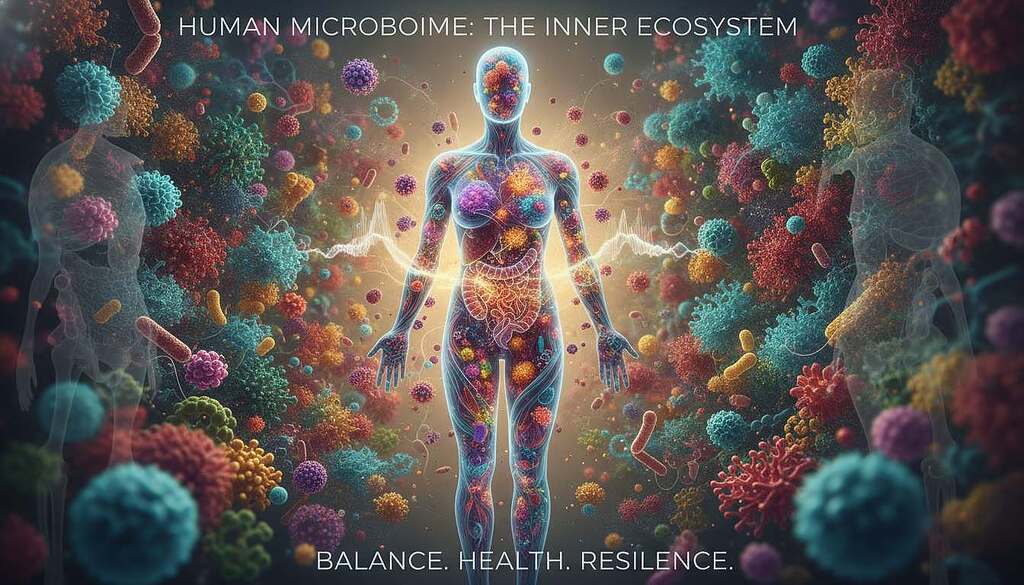 A visually striking representation of the human microbiome as an intricate ecosystem, focusing on the interactions between microscopic organisms and the human body. In the foreground, depict a human silhouette surrounded by vibrant clusters of bacteria, viruses, and fungi, illuminated with soft, bioluminescent glows. The middle ground features a rich diversity of microbial life depicted as various shapes and colors, symbolizing vibrant health and resilience. In the background, suggest a stylized human anatomy, subtly outlined, showcasing the connection between the microbiome and immune system. Utilize warm, gentle lighting to create a sense of harmony and interconnectedness, with a slight depth of field effect to emphasize the microbiome's importance within the human ecosystem. The overall mood should be enlightening and scientific, inviting curiosity and contemplation. A visually striking representation of the human microbiome as an intricate ecosystem, focusing on the interactions between microscopic organisms and the human body. In the foreground, depict a human silhouette surrounded by vibrant clusters of bacteria, viruses, and fungi, illuminated with soft, bioluminescent glows. The middle ground features a rich diversity of microbial life depicted as various shapes and colors, symbolizing vibrant health and resilience. In the background, suggest a stylized human anatomy, subtly outlined, showcasing the connection between the microbiome and immune system. Utilize warm, gentle lighting to create a sense of harmony and interconnectedness, with a slight depth of field effect to emphasize the microbiome's importance within the human ecosystem. The overall mood should be enlightening and scientific, inviting curiosity and contemplation.