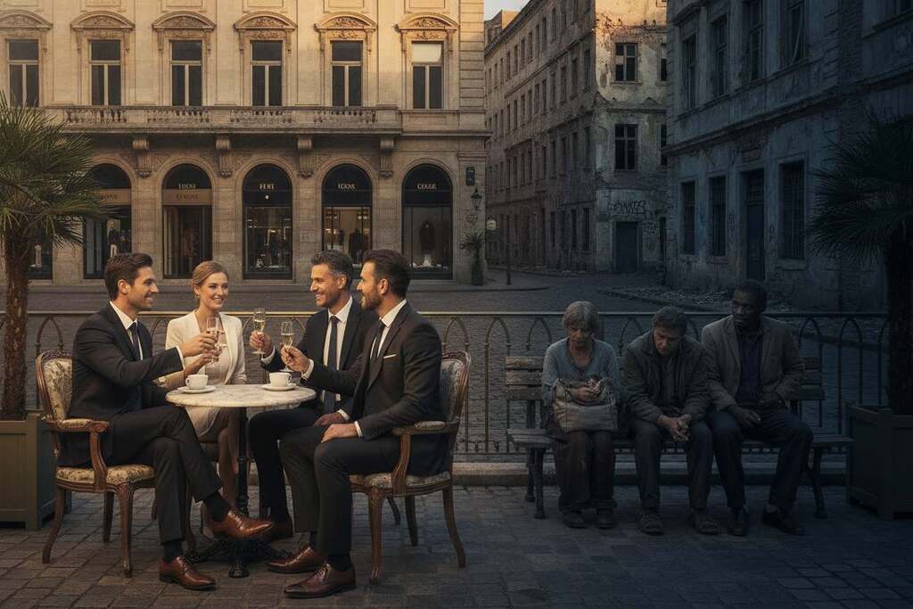 A visually striking scene depicting social inequality, featuring two distinct groups in a European city setting. In the foreground, a group of well-dressed individuals in suits and professional attire gather in a lavish café, engaging in animated conversation with drinks in hand. Their expressions convey confidence and privilege. In contrast, in the middle section, a small group of marginalized individuals, dressed in modest clothing, sits on a nearby bench, exuding a sense of disillusionment and isolation. The background showcases a stark division between opulent architecture and dilapidated buildings, illustrating the wealth gap. The lighting is dramatic, with soft sunlight illuminating the privileged group while casting shadows over the less fortunate, enhancing the mood of disparity and tension. The perspective is slightly elevated, capturing the full contrast and depth of the scene.