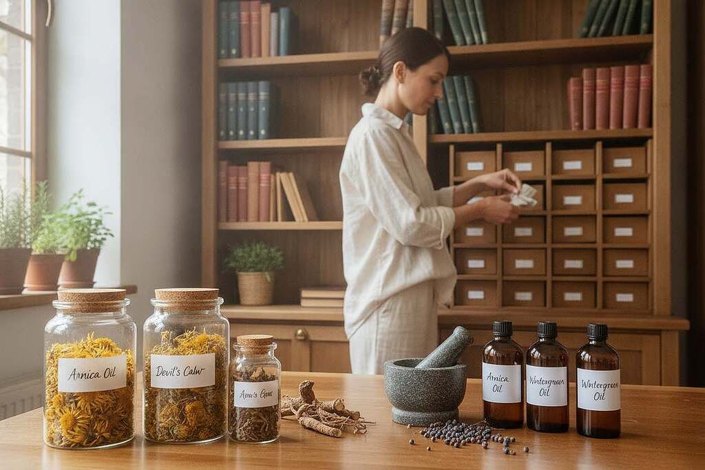 A well-organized workspace featuring natural remedies for tendon and nerve pain storage. In the foreground, a wooden table displays neatly arranged glass jars filled with herbal ingredients, such as arnica and devil's claw, alongside labeled bottles of essential oils. A mortar and pestle are placed elegantly for preparation. In the middle ground, a person of European descent in modest casual clothing is carefully storing some herbal sachets in a wooden cabinet, illustrating the importance of proper storage techniques. The background shows a shelf lined with books about herbal medicine, with soft, natural lighting filtering in through a window, creating a warm, inviting atmosphere. The mood conveys a sense of tranquility and professionalism, ideal for promoting holistic health practices. A well-organized workspace featuring natural remedies for tendon and nerve pain storage. In the foreground, a wooden table displays neatly arranged glass jars filled with herbal ingredients, such as arnica and devil's claw, alongside labeled bottles of essential oils. A mortar and pestle are placed elegantly for preparation. In the middle ground, a person of European descent in modest casual clothing is carefully storing some herbal sachets in a wooden cabinet, illustrating the importance of proper storage techniques. The background shows a shelf lined with books about herbal medicine, with soft, natural lighting filtering in through a window, creating a warm, inviting atmosphere. The mood conveys a sense of tranquility and professionalism, ideal for promoting holistic health practices.