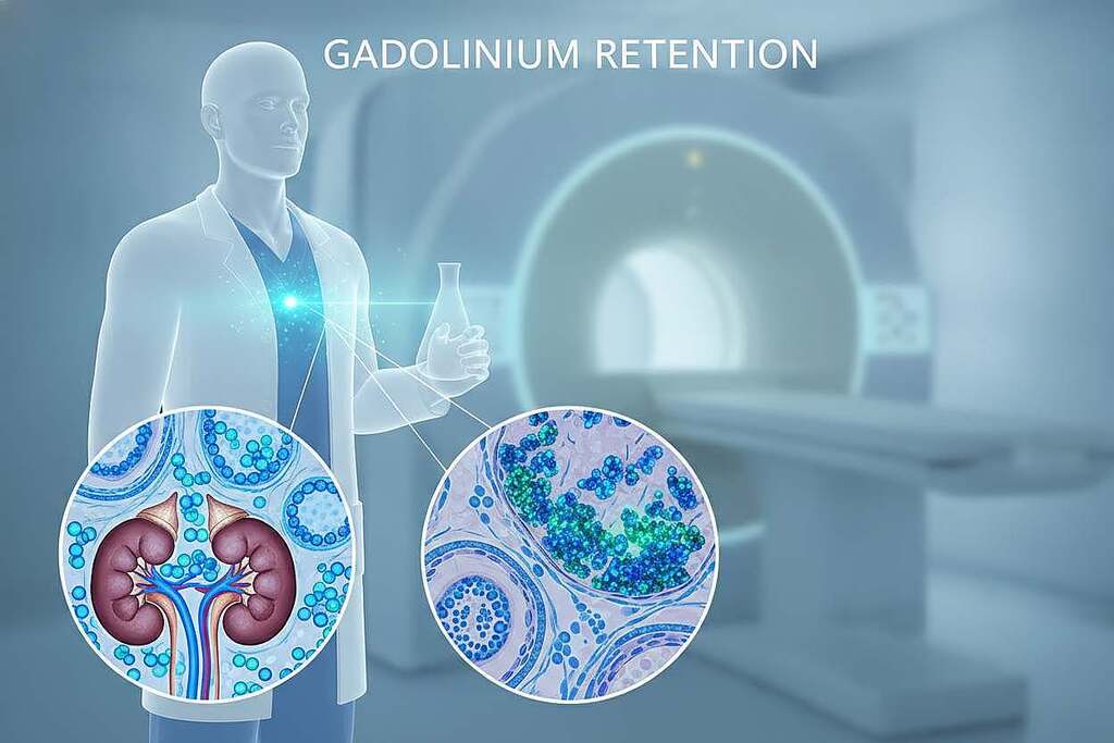 Gadolinium deposits in human organs, depicted with a focus on the kidneys and brain in a scientific and medical illustration style. Foreground features microscopic views of organ tissues with vivid blue and green hues representing gadolinium accumulation. The middle layer shows a stylized, semi-transparent anatomical representation of a human figure, clothed in a professional lab coat, emphasizing the connection between science and health. In the background, a softly blurred MRI machine hints at the diagnostic context. The image is illuminated with soft, diffused lighting, creating a clinical atmosphere, while maintaining a clean and sterile feel. The composition captures the seriousness of gadolinium retention in a visually engaging and informative manner. Gadolinium deposits in human organs, depicted with a focus on the kidneys and brain in a scientific and medical illustration style. Foreground features microscopic views of organ tissues with vivid blue and green hues representing gadolinium accumulation. The middle layer shows a stylized, semi-transparent anatomical representation of a human figure, clothed in a professional lab coat, emphasizing the connection between science and health. In the background, a softly blurred MRI machine hints at the diagnostic context. The image is illuminated with soft, diffused lighting, creating a clinical atmosphere, while maintaining a clean and sterile feel. The composition captures the seriousness of gadolinium retention in a visually engaging and informative manner.