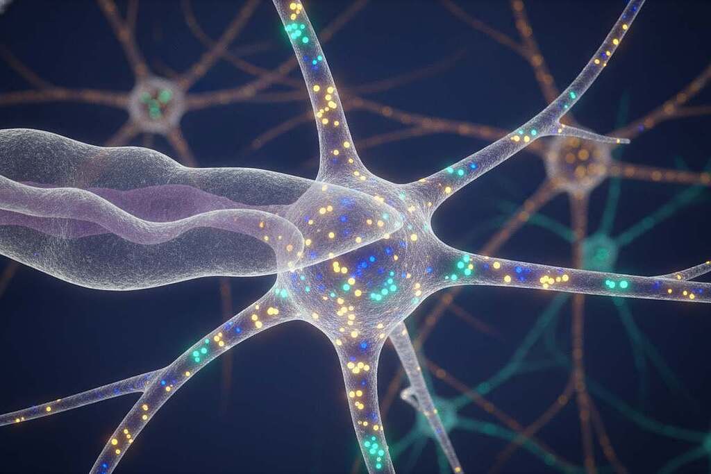 Gadolinium deposits in nerve cells, depicted at a microscopic level, showcasing distinct, vibrant colors to illustrate the chemical effects. The foreground features a stylized representation of nerve cell structures with detailed dendrites and axons, highlighting the presence of Gadolinium as bright, luminescent spots against a dark background. In the middle layer, enhance the texture of the cellular membranes, showcasing their intricate patterns and subtle transparency. The background consists of a blurred neural network, providing depth while maintaining focus on the nerve cells. The lighting is soft and ethereal, creating a clinical yet eerie atmosphere, reminiscent of scientific imagery found in medical research. The overall mood is one of intrigue and concern, emphasizing the neurological implications of Gadolinium exposure. Gadolinium deposits in nerve cells, depicted at a microscopic level, showcasing distinct, vibrant colors to illustrate the chemical effects. The foreground features a stylized representation of nerve cell structures with detailed dendrites and axons, highlighting the presence of Gadolinium as bright, luminescent spots against a dark background. In the middle layer, enhance the texture of the cellular membranes, showcasing their intricate patterns and subtle transparency. The background consists of a blurred neural network, providing depth while maintaining focus on the nerve cells. The lighting is soft and ethereal, creating a clinical yet eerie atmosphere, reminiscent of scientific imagery found in medical research. The overall mood is one of intrigue and concern, emphasizing the neurological implications of Gadolinium exposure.