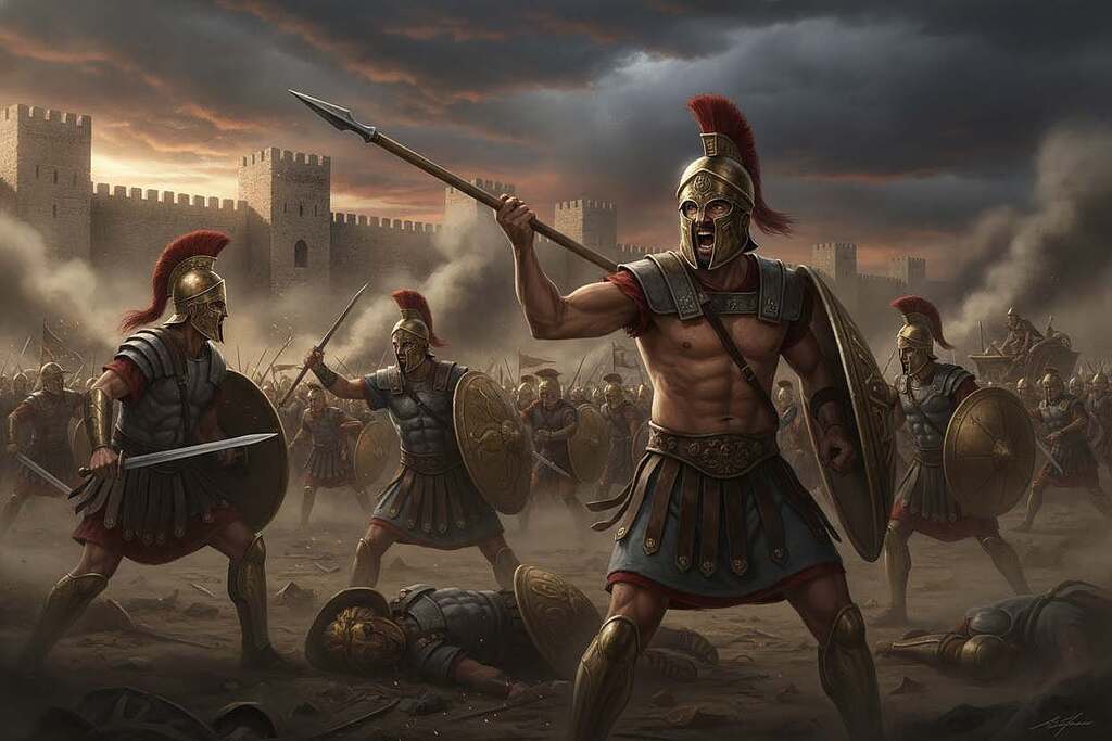 In a dramatic scene inspired by Homer’s "Iliad," depict a vivid battle between Greek warriors and Trojan defenders, set against the backdrop of ancient Troy. In the foreground, muscular warriors in period-appropriate armor display intense expressions of bravery and rage, some wielding spears and shields, others engaged in close combat. The middle ground features a chaotic clash; debris and smoke swirl around fallen soldiers, immersed in the struggle. In the backdrop, the grand city of Troy looms, with its towering walls and an ominous sky filled with dark clouds, hinting at the weight of human passions and suffering. The image should capture a sense of urgency and emotion, using dramatic lighting to emphasize the conflict. A low-angle perspective enhances the grandeur of the scene, eliciting a feeling of heroism and tragedy.