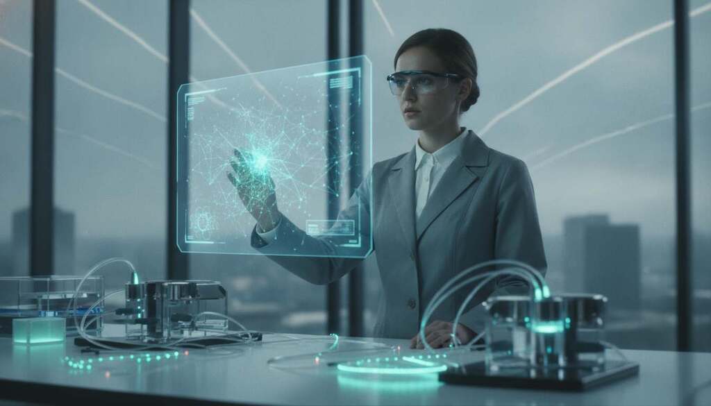 In a futuristic laboratory environment, depict a young European scientist in professional attire, intently studying a holographic interface showing bidirectional biological connections. In the foreground, details of advanced biophotonic devices are visible, glowing softly with blue and green lights. The middle ground features a sleek workstation with intricate cables intertwining, symbolizing communication between biological signals and artificial networks. In the background, large windows reveal a hazy sky adorned with chemtrails, enhancing the atmosphere of technological advancement and mystery. The scene is illuminated by soft, diffused lighting, creating a contemplative mood, with a shallow depth of field to draw focus on the intricate technology and the scientist’s expression of curiosity and determination.