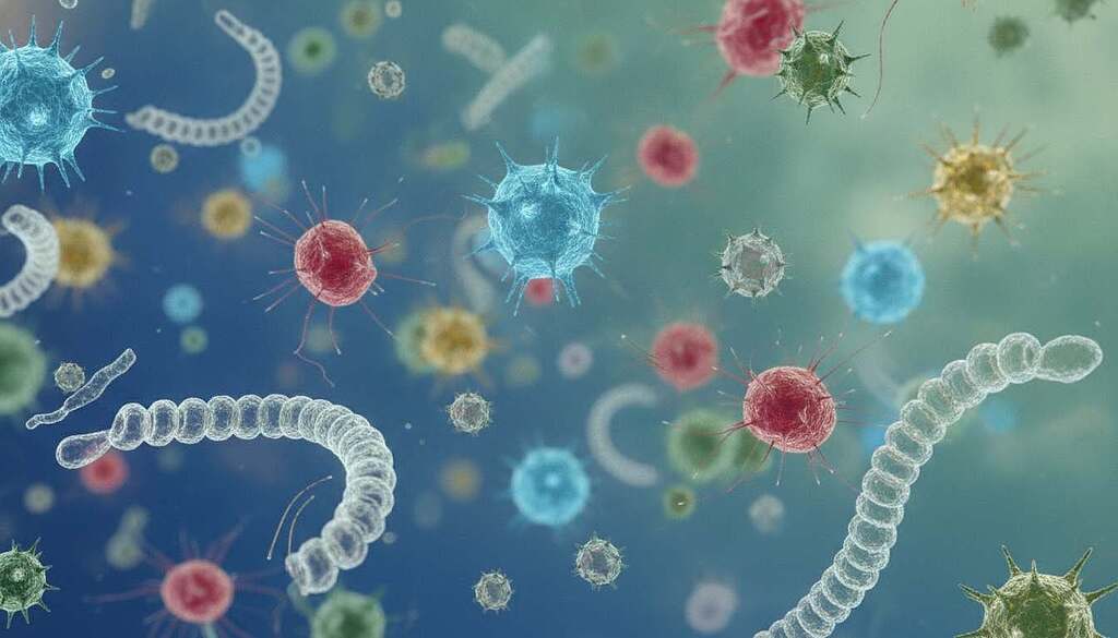 Vibrant and intricate close-up of various microorganisms showcasing their diversity, where the foreground features spiraling bacteria and vibrant, multi-colored protozoa displayed in detail. In the middle, tiny viruses with unique shapes float among the microorganisms, illuminated by soft, diffused lighting that enhances their textures. The background subtly fades into a soft gradient, transitioning from deep blues to light greens, evoking a sense of depth and biological complexity. The overall mood is investigative and scientific, reflecting a space for exploration and discovery. Use a macro lens effect to emphasize the intricate details and subtle movements of these microscopic life forms, enhancing the sense of wonder and analysis in the scene. The composition should be clear and engaging, inviting the viewer to delve deeper into the hidden world of microorganisms. Vibrant and intricate close-up of various microorganisms showcasing their diversity, where the foreground features spiraling bacteria and vibrant, multi-colored protozoa displayed in detail. In the middle, tiny viruses with unique shapes float among the microorganisms, illuminated by soft, diffused lighting that enhances their textures. The background subtly fades into a soft gradient, transitioning from deep blues to light greens, evoking a sense of depth and biological complexity. The overall mood is investigative and scientific, reflecting a space for exploration and discovery. Use a macro lens effect to emphasize the intricate details and subtle movements of these microscopic life forms, enhancing the sense of wonder and analysis in the scene. The composition should be clear and engaging, inviting the viewer to delve deeper into the hidden world of microorganisms.