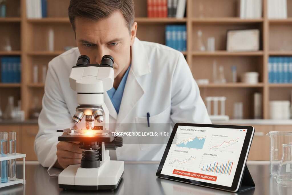 A close-up view of a medical professional, a European man in a white lab coat, analyzing a blood sample under a microscope, showcasing triglyceride levels. In the foreground, a detailed microscope is illuminated by soft overhead lighting, highlighting the sample slide. The middle ground features charts and medical graphs on a digital tablet, displaying data trends related to triglyceride levels and health risks, reflecting a modern clinical setting. In the background, shelves filled with medical books and equipment create an informative atmosphere. Soft, warm lighting enhances the professionalism of the scene, evoking a sense of aspiration and hope regarding health management and cardiovascular health. A close-up view of a medical professional, a European man in a white lab coat, analyzing a blood sample under a microscope, showcasing triglyceride levels. In the foreground, a detailed microscope is illuminated by soft overhead lighting, highlighting the sample slide. The middle ground features charts and medical graphs on a digital tablet, displaying data trends related to triglyceride levels and health risks, reflecting a modern clinical setting. In the background, shelves filled with medical books and equipment create an informative atmosphere. Soft, warm lighting enhances the professionalism of the scene, evoking a sense of aspiration and hope regarding health management and cardiovascular health.