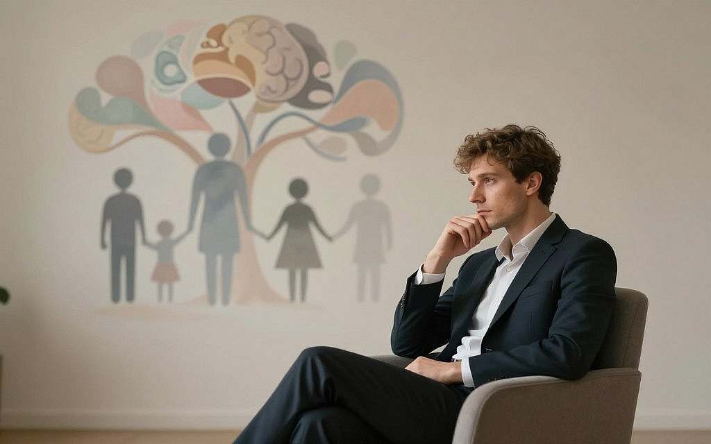 A compelling visual representation of the Oedipus complex and psychological development, featuring a European male character depicted in a thoughtful pose. Foreground shows the character seated on a modern armchair, dressed in professional attire, contemplating a symbolic representation of familial relationships illustrated by abstract forms surrounding him. In the middle ground, soft, flowing shapes represent the complexities of the mind and psychoanalysis, intertwining in a dreamlike manner. The background should have a muted color palette with subtle, blurred outlines of a family tree, suggesting connection and lineage, bathed in warm, ethereal lighting. A slight lens blur adds depth, creating an introspective, contemplative atmosphere, inviting viewers to delve into the psychological themes represented. A compelling visual representation of the Oedipus complex and psychological development, featuring a European male character depicted in a thoughtful pose. Foreground shows the character seated on a modern armchair, dressed in professional attire, contemplating a symbolic representation of familial relationships illustrated by abstract forms surrounding him. In the middle ground, soft, flowing shapes represent the complexities of the mind and psychoanalysis, intertwining in a dreamlike manner. The background should have a muted color palette with subtle, blurred outlines of a family tree, suggesting connection and lineage, bathed in warm, ethereal lighting. A slight lens blur adds depth, creating an introspective, contemplative atmosphere, inviting viewers to delve into the psychological themes represented.