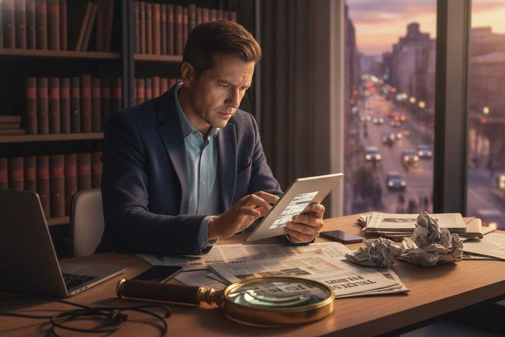 A contemplative European male journalist in a smart casual outfit, sitting at a modern desk cluttered with newspapers and digital devices, thoughtfully examining a glowing tablet screen displaying various news articles. In the foreground, a magnifying glass symbolizes the idea of scrutinizing truth amid sensational headlines. The middle ground features a blurred bookshelf filled with classic literature and psychology texts, suggesting depth of knowledge. In the background, a large window reveals a bustling cityscape, reflecting the chaotic media environment. Soft, warm lighting creates an inviting yet serious atmosphere, with a subtle depth of field to focus on the journalist’s intense expression. The overall mood conveys the complexity of discerning truth in an emotionally charged media landscape.