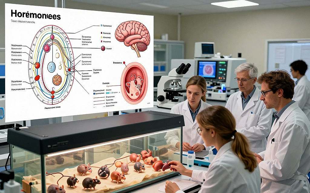 A detailed scientific illustration depicting hormones and prenatal development using animal models. In the foreground, show a lab setting with a diverse team of European scientists observing a vivarium filled with mice embryos, highlighting the impact of hormones on development. The middle ground should display intricate charts and visuals of hormone pathways, alongside anatomical diagrams of developing brain structures of the animals. In the background, an array of microscopes and advanced genetic sequencing equipment are visible, all bathed in warm, focused lighting to emphasize the research's depth and importance. The atmosphere is informative and collaborative, reflecting a sense of discovery and scientific exploration. No text or distractions should be present, ensuring the image communicates the essence of the research clearly. A detailed scientific illustration depicting hormones and prenatal development using animal models. In the foreground, show a lab setting with a diverse team of European scientists observing a vivarium filled with mice embryos, highlighting the impact of hormones on development. The middle ground should display intricate charts and visuals of hormone pathways, alongside anatomical diagrams of developing brain structures of the animals. In the background, an array of microscopes and advanced genetic sequencing equipment are visible, all bathed in warm, focused lighting to emphasize the research's depth and importance. The atmosphere is informative and collaborative, reflecting a sense of discovery and scientific exploration. No text or distractions should be present, ensuring the image communicates the essence of the research clearly.