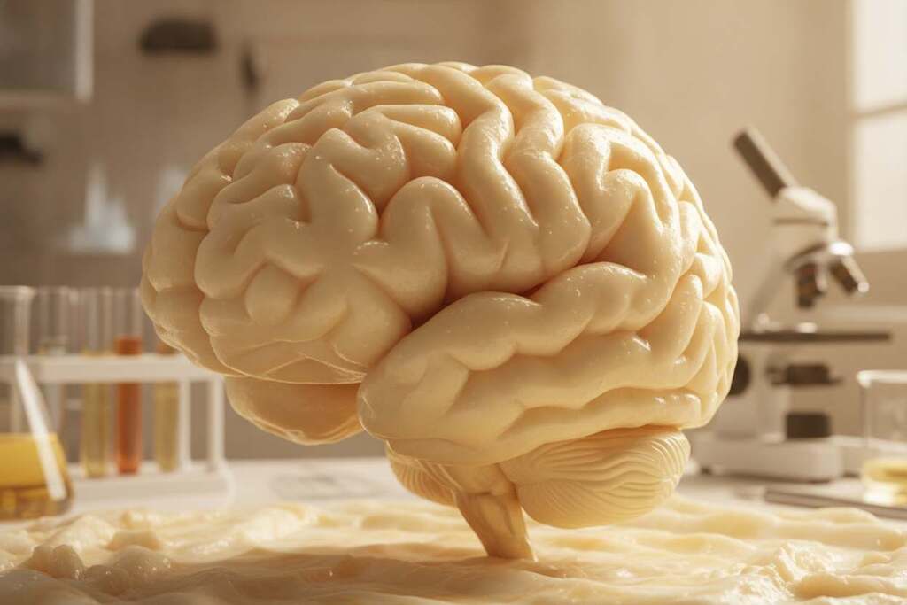 A detailed study of a human brain represented as an organ composed of rich, textured layers of fat and cholesterol. In the foreground, the intricate folds and crevices of the brain are accentuated, showcasing the glossy and creamy textures resembling pure fat. The middle ground features a soft, diffused light that highlights the brain’s contours, creating a sense of depth and realism. In the background, a blurred scientific laboratory setting subtly suggests a research atmosphere without detracting from the brain itself. The overall mood is enlightening and thought-provoking, with a color palette of warm yellows and whites to symbolize health and vitality. The lens perspective is close-up, capturing the fine details, with smooth focus transitions that enhance the organic feel of this biological subject. A detailed study of a human brain represented as an organ composed of rich, textured layers of fat and cholesterol. In the foreground, the intricate folds and crevices of the brain are accentuated, showcasing the glossy and creamy textures resembling pure fat. The middle ground features a soft, diffused light that highlights the brain’s contours, creating a sense of depth and realism. In the background, a blurred scientific laboratory setting subtly suggests a research atmosphere without detracting from the brain itself. The overall mood is enlightening and thought-provoking, with a color palette of warm yellows and whites to symbolize health and vitality. The lens perspective is close-up, capturing the fine details, with smooth focus transitions that enhance the organic feel of this biological subject.