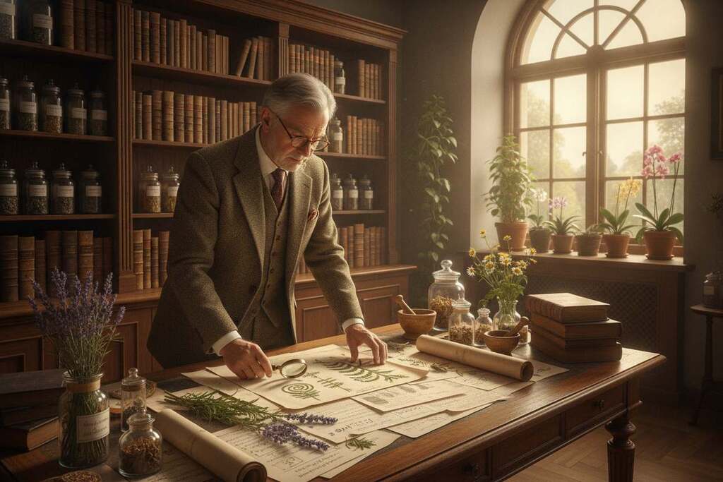 A distinguished European mathematician and herbalist, Arno Wolle, stands in a serene, well-lit study filled with books on mathematics and herbal medicine. In the foreground, he is portrayed in professional attire, thoughtfully reviewing botanical illustrations and mathematical equations on a desk cluttered with herbal remedies and papers. The middle layer features a large wooden bookshelf, filled with ancient tomes and jars of dried herbs, while a large window in the background lets in warm, natural light, casting soft shadows. The atmosphere is calm and intellectual, with a touch of nature reflected through potted plants on the windowsill. The scene conveys a deep connection between mathematics and natural healing.