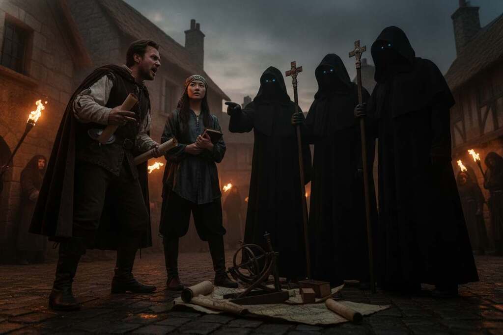 A dramatic scene depicting the tension between the Inquisition and the suppression of nonconformist worldviews. In the foreground, diverse figures, including a European man in 16th-century attire and an Asian woman in modest clothing, engage in a heated debate. Their expressions reflect passion and defiance. In the middle ground, shadowy figures resembling inquisitors loom menacingly, cloaked in dark robes, with piercing eyes observing the debate. The background features a dimly lit medieval town, with old stone buildings and flickering torches casting a somber glow. The atmosphere is tense and oppressive, with a chiaroscuro lighting effect emphasizing the struggle between conformity and individual thought. The scene is captured from a low angle, giving a sense of urgency and confrontation. A dramatic scene depicting the tension between the Inquisition and the suppression of nonconformist worldviews. In the foreground, diverse figures, including a European man in 16th-century attire and an Asian woman in modest clothing, engage in a heated debate. Their expressions reflect passion and defiance. In the middle ground, shadowy figures resembling inquisitors loom menacingly, cloaked in dark robes, with piercing eyes observing the debate. The background features a dimly lit medieval town, with old stone buildings and flickering torches casting a somber glow. The atmosphere is tense and oppressive, with a chiaroscuro lighting effect emphasizing the struggle between conformity and individual thought. The scene is captured from a low angle, giving a sense of urgency and confrontation.