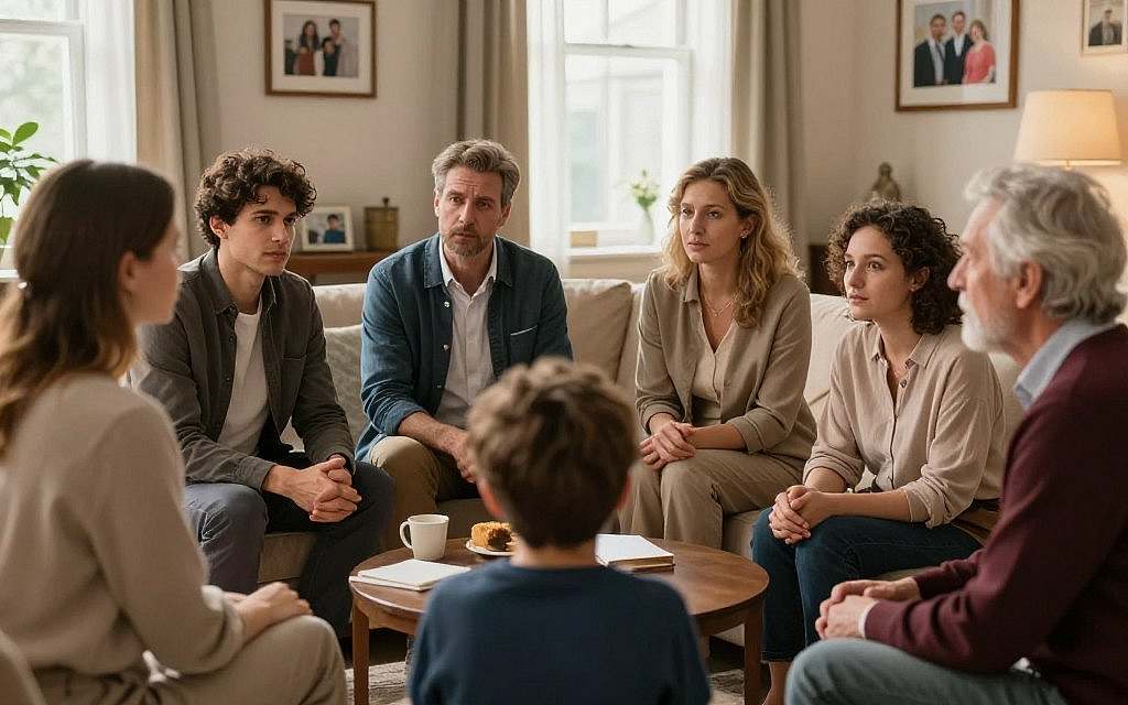 A dynamic family scene depicting the intricacies of familial relationships and influences on personal identity. In the foreground, a diverse European family engaged in a thoughtful discussion, showcasing varying ages: parents, children, and grandparents. They are dressed in modest, professional attire, symbolizing a serious exploration of emotions and connections. In the middle, a cozy living room surrounded by warm lighting, emphasizing comfort and openness, with framed family photos on the walls. In the background, soft sunlight filtering through a window, creating a peaceful atmosphere. The overall mood conveys a sense of unity, reflection, and the importance of familial bonds in shaping individual experiences and identities. A dynamic family scene depicting the intricacies of familial relationships and influences on personal identity. In the foreground, a diverse European family engaged in a thoughtful discussion, showcasing varying ages: parents, children, and grandparents. They are dressed in modest, professional attire, symbolizing a serious exploration of emotions and connections. In the middle, a cozy living room surrounded by warm lighting, emphasizing comfort and openness, with framed family photos on the walls. In the background, soft sunlight filtering through a window, creating a peaceful atmosphere. The overall mood conveys a sense of unity, reflection, and the importance of familial bonds in shaping individual experiences and identities.