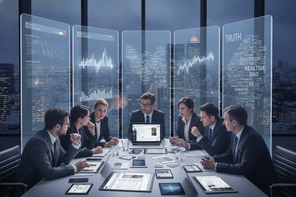 A dynamic scene illustrating the concept of "Echo Chambers" in media and politics. In the foreground, a focused group of diverse European individuals, dressed in professional business attire, engages in an animated discussion around a table filled with digital devices displaying various social media interfaces. The middle ground showcases large screens displaying fluctuating graphs and keywords related to truth and perception. In the background, a cityscape is visible through glass walls, representing the broader societal context. The lighting is soft yet focused, with an emphasis on the screens creating a contrast that highlights their importance. The mood is intense yet thoughtful, capturing the complexity of truth in a fragmented information environment.