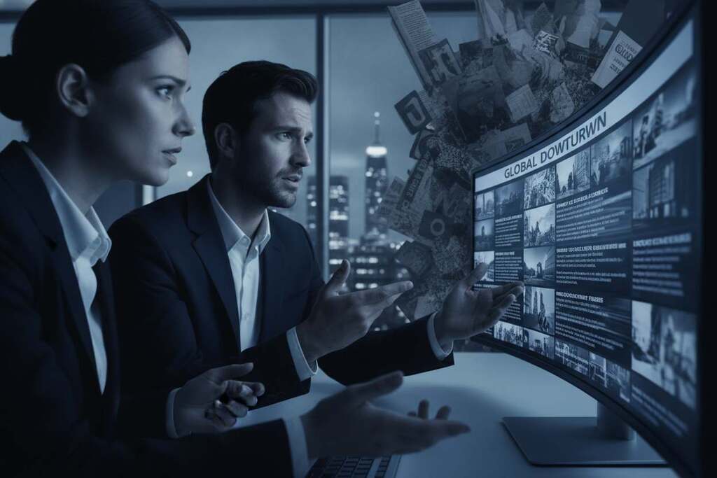 A European business professional, male and female, stands in a dimly lit corporate office, engaged in a serious discussion. The foreground features tense expressions, with their hands gesturing towards an array of digital news feeds displayed on a sleek monitor. In the middle ground, shadowy images of negative headlines and chaotic news visuals blend in gray tones, symbolizing the weight of negative media. The background shows a blurred city skyline through a large window, hinting at the outside world. The scene captures a somber atmosphere, illuminated by cool blue lighting, creating a stark contrast with the dark tones of the news headlines. The angle is slightly tilted to evoke unease and reflect the psychological impact of negative news.
