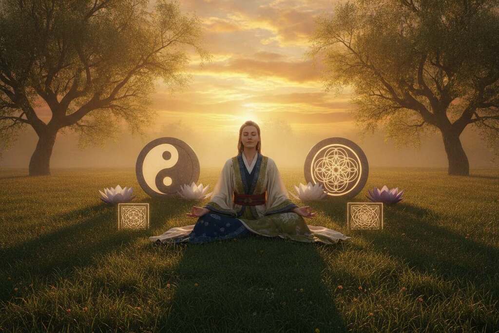 A harmonious scene illustrating the unity of mind, body, and spirit, inspired by ancient cultures. In the foreground, a serene figure (Caucasian descent) meditates cross-legged on a lush green meadow, adorned in flowing, modest clothing that reflects different cultural influences. The middle ground features symbolic elements like a yin-yang, lotus flowers, and sacred geometry, representing balance and interconnectedness. In the background, a vibrant sunset bathes the landscape in warm golden light, creating an ethereal atmosphere that invites contemplation. Soft rays of sunlight filter through gently swaying trees, casting dappled shadows on the ground. The overall mood is tranquil and introspective, evoking a sense of spiritual awakening and unity with nature. A harmonious scene illustrating the unity of mind, body, and spirit, inspired by ancient cultures. In the foreground, a serene figure (Caucasian descent) meditates cross-legged on a lush green meadow, adorned in flowing, modest clothing that reflects different cultural influences. The middle ground features symbolic elements like a yin-yang, lotus flowers, and sacred geometry, representing balance and interconnectedness. In the background, a vibrant sunset bathes the landscape in warm golden light, creating an ethereal atmosphere that invites contemplation. Soft rays of sunlight filter through gently swaying trees, casting dappled shadows on the ground. The overall mood is tranquil and introspective, evoking a sense of spiritual awakening and unity with nature.