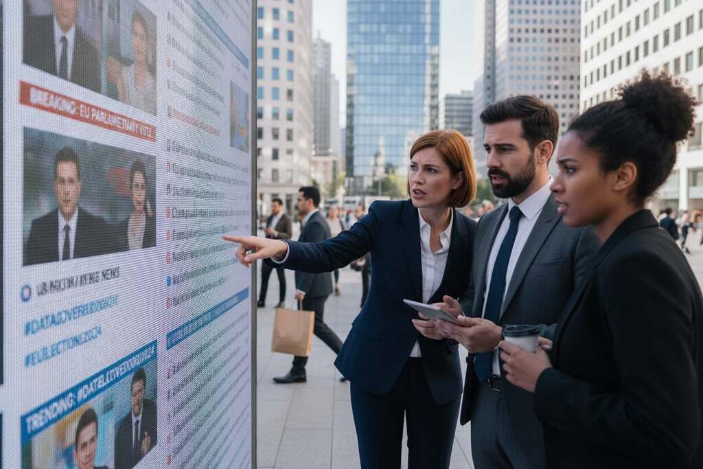 A lively urban scene focusing on a group of European professionals in business attire engaged in a discussion around a large digital screen displaying news headlines and social media feeds. The foreground features a diverse group of three individuals, one man and two women, highlighting their expressions of intrigue and concern. In the middle ground, various people are seen walking by, glancing at the screen, representing public attention. The background displays a modern cityscape with sleek architecture, bathed in natural daylight creating a bright, analytical atmosphere. The composition employs a shallow depth of field to emphasize the foreground group, with soft bokeh effects blurring the bustling background. The overall mood is dynamic and thought-provoking, encapsulating the theme of attention manipulation in politics and media.