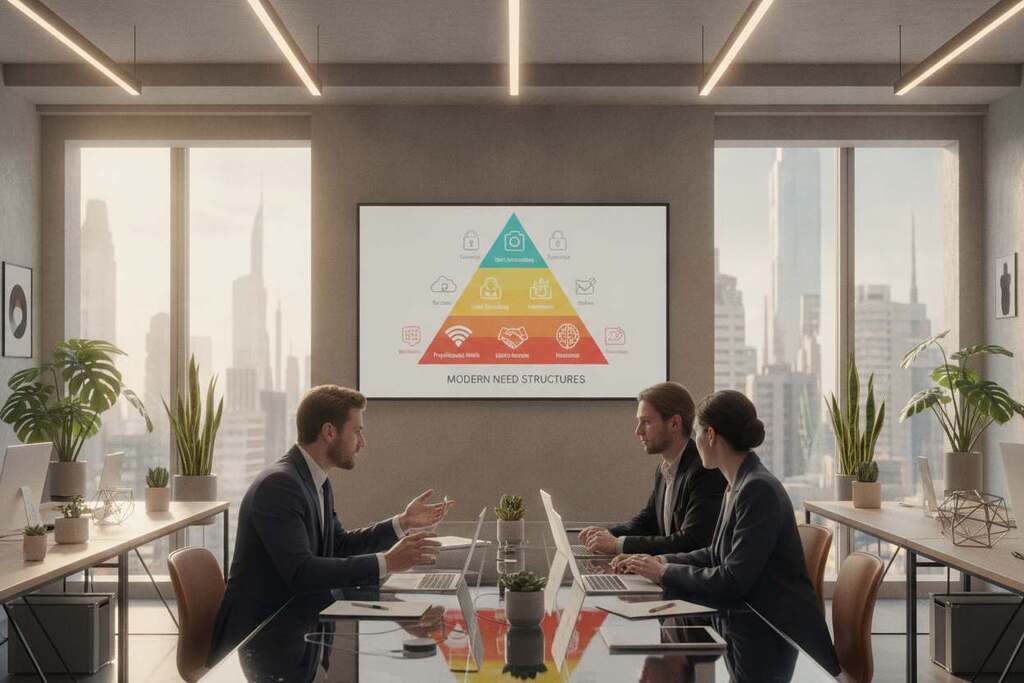 A modern office scene representing the "Digital Era and Modern Need Structures." In the foreground, three European individuals in professional business attire are collaborating around a sleek glass table with laptops and digital devices. The middle ground features a large screen displaying a visually engaging infographic of Maslow's hierarchy of needs, illustrating the five levels. The background showcases a contemporary workspace with large windows, allowing soft natural light to flood in, creating an inviting atmosphere. Warm, ambient lighting complements the scene, enhancing the motivation and creativity vibe. Include plants and minimalistic decor to reflect a blend of technology and human connection, embodying the essence of modern needs in a digital world.