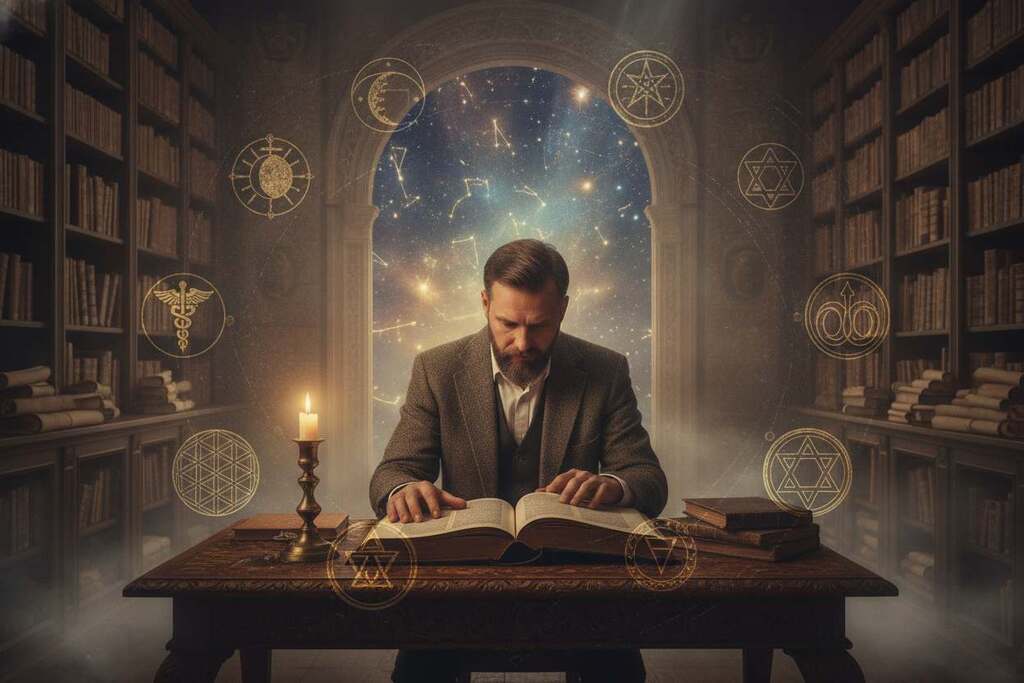 A mystical, atmospheric depiction of Gnosis, Hermeticism, and the hidden traditions of the West. In the foreground, a wise scholar of European descent, dressed in modest, professional attire, studies ancient texts illuminated by soft candlelight. The middle ground features intricate symbols and geometric patterns associated with alchemy and esoteric knowledge, blending seamlessly into the ancient library filled with old manuscripts and scrolls. At the background, the faint silhouette of a cosmic star map glows softly, accentuated by ethereal light rays that create a dreamlike ambiance. The overall mood is one of intrigue and ancient wisdom, inviting the viewer to explore the depths of forgotten knowledge and spiritual awakening. The image captures the essence of a secretive and intellectual journey into mystical traditions. A mystical, atmospheric depiction of Gnosis, Hermeticism, and the hidden traditions of the West. In the foreground, a wise scholar of European descent, dressed in modest, professional attire, studies ancient texts illuminated by soft candlelight. The middle ground features intricate symbols and geometric patterns associated with alchemy and esoteric knowledge, blending seamlessly into the ancient library filled with old manuscripts and scrolls. At the background, the faint silhouette of a cosmic star map glows softly, accentuated by ethereal light rays that create a dreamlike ambiance. The overall mood is one of intrigue and ancient wisdom, inviting the viewer to explore the depths of forgotten knowledge and spiritual awakening. The image captures the essence of a secretive and intellectual journey into mystical traditions.