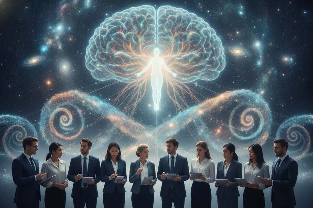 A mystical scene illustrating the intersection of psychology, quantum physics, and the return of consciousness. In the foreground, a diverse group of professionals, including Asian and European characters, are engaged in deep discussion, dressed in smart business attire. The middle ground features an ethereal representation of quantum particles swirling around, symbolizing connections between thoughts and the universe. In the background, a large cosmic landscape merges with human brain imagery, showcasing neurons and synapses glowing with energy. The lighting is soft and ambient, casting a serene glow over the scene, evoking a sense of enlightenment and discovery. The atmosphere is contemplative and inspiring, inviting viewers to ponder the profound relationship between mind and matter. A mystical scene illustrating the intersection of psychology, quantum physics, and the return of consciousness. In the foreground, a diverse group of professionals, including Asian and European characters, are engaged in deep discussion, dressed in smart business attire. The middle ground features an ethereal representation of quantum particles swirling around, symbolizing connections between thoughts and the universe. In the background, a large cosmic landscape merges with human brain imagery, showcasing neurons and synapses glowing with energy. The lighting is soft and ambient, casting a serene glow over the scene, evoking a sense of enlightenment and discovery. The atmosphere is contemplative and inspiring, inviting viewers to ponder the profound relationship between mind and matter.