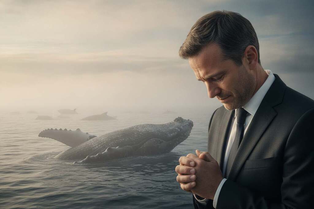 A poignant scene capturing the "identifiable victim effect," featuring a close-up of a distressed European character standing near a large, majestic whale. In the foreground, the character, dressed in professional business attire, gazes downward with an expression of sorrow and empathy, emphasizing emotional connection. In the middle ground, the whale breaches the water, symbolizing the individual amidst an invisible mass of other whales representing the unseen larger issue. The background features a misty ocean horizon under soft, diffused sunlight, creating a serene yet melancholic atmosphere. The lighting casts gentle shadows, enhancing the emotional weight of the scene, and the angle is slightly tilted upwards to highlight both the character's face and the whale, fostering a sense of perspective and scale.