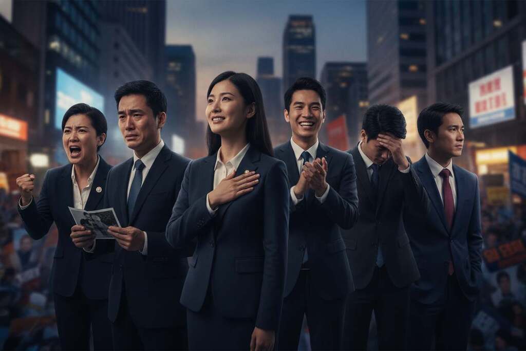 A poignant scene illustrating the complex emotions of "anger, grief, compassion, hope, enthusiasm, shame, guilt, disgust" in a political context. In the foreground, a group of Asian and European individuals in professional attire express a spectrum of emotions: one person shows anger, another displays sadness, while a third conveys hope through their body language. In the middle ground, a vibrant cityscape reflects political activity, with banners and campaign posters blurred in the background, symbolizing the chaotic influences of media. The lighting should be dramatic, with strong contrasts to evoke intensity, focused on the individuals' faces to highlight their emotions. Capture this moment from a slightly low angle, giving a sense of grandeur to the backdrop while emphasizing the intensity of the foreground emotions, creating a mood that is both charged and contemplative.