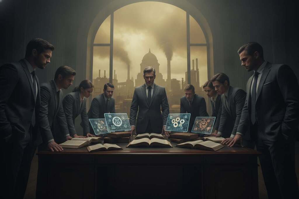 A powerful representation of "Political Power and Control over Knowledge and Consciousness," featuring a central figure, a diverse group of people in professional business attire, gathered around an imposing desk stacked with open books and digital screens displaying symbols of knowledge, like gears and circuit patterns. The foreground highlights their intent expressions, reflecting a mix of determination and contemplation. In the middle ground, a large window overlooks a sprawling industrial cityscape, shrouded in a yellowish haze to symbolize industrialization. The background is filled with looming shadows of large government buildings, creating a sense of entrapment. Use dramatic lighting to cast contrasting shadows, enhancing the somber mood of alienation. The perspective should be slightly low-angle, emphasizing the grandeur of both the individuals and the oppressive environment they inhabit. A powerful representation of "Political Power and Control over Knowledge and Consciousness," featuring a central figure, a diverse group of people in professional business attire, gathered around an imposing desk stacked with open books and digital screens displaying symbols of knowledge, like gears and circuit patterns. The foreground highlights their intent expressions, reflecting a mix of determination and contemplation. In the middle ground, a large window overlooks a sprawling industrial cityscape, shrouded in a yellowish haze to symbolize industrialization. The background is filled with looming shadows of large government buildings, creating a sense of entrapment. Use dramatic lighting to cast contrasting shadows, enhancing the somber mood of alienation. The perspective should be slightly low-angle, emphasizing the grandeur of both the individuals and the oppressive environment they inhabit.