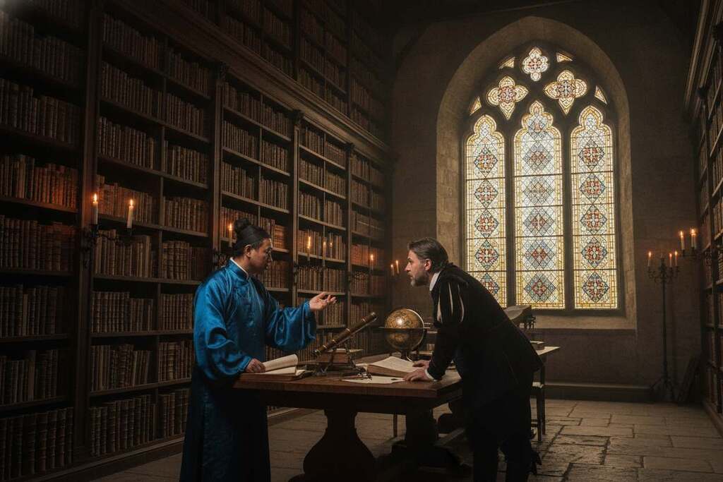 A scene depicting the theme of "Entzauberung der Welt" during the Reformation and Enlightenment period. In the foreground, a group of diverse scholars—an Asian philosopher and a European scientist—are engaged in passionate debate, surrounded by old manuscripts and scientific instruments, dressed in modest yet elegant clothing. The middle ground features a grand library filled with somber wooden shelves, ancient books, and dim candlelight, evoking a sense of lost knowledge. In the background, a large stained glass window reflects muted colors, casting intricate patterns on the stone walls. The atmosphere is contemplative and slightly melancholic, with soft, warm lighting enhancing the emotional depth of the scene, captured from a slight low angle to emphasize the grandeur of the library. A scene depicting the theme of "Entzauberung der Welt" during the Reformation and Enlightenment period. In the foreground, a group of diverse scholars—an Asian philosopher and a European scientist—are engaged in passionate debate, surrounded by old manuscripts and scientific instruments, dressed in modest yet elegant clothing. The middle ground features a grand library filled with somber wooden shelves, ancient books, and dim candlelight, evoking a sense of lost knowledge. In the background, a large stained glass window reflects muted colors, casting intricate patterns on the stone walls. The atmosphere is contemplative and slightly melancholic, with soft, warm lighting enhancing the emotional depth of the scene, captured from a slight low angle to emphasize the grandeur of the library.