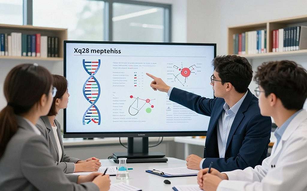 A scientific meeting room filled with researchers discussing the Xq28 hypothesis and genetic factors related to sexuality. In the foreground, a group of three European scientists, one male and two female, dressed in smart professional attire, are engaged in an animated discussion, pointing at charts and genetic data on a screen. The middle ground shows a large digital display featuring a DNA strand, highlighted regions on chromosome Xq28, and visual illustrations of gene expression. The background is filled with shelves of books on genetics and psychology, softly blurred to emphasize the foreground. Bright, natural lighting pours in through large windows, creating an intellectual and vibrant atmosphere, inviting curiosity and exploration. The image captures the essence of academic research and collaboration. A scientific meeting room filled with researchers discussing the Xq28 hypothesis and genetic factors related to sexuality. In the foreground, a group of three European scientists, one male and two female, dressed in smart professional attire, are engaged in an animated discussion, pointing at charts and genetic data on a screen. The middle ground shows a large digital display featuring a DNA strand, highlighted regions on chromosome Xq28, and visual illustrations of gene expression. The background is filled with shelves of books on genetics and psychology, softly blurred to emphasize the foreground. Bright, natural lighting pours in through large windows, creating an intellectual and vibrant atmosphere, inviting curiosity and exploration. The image captures the essence of academic research and collaboration.