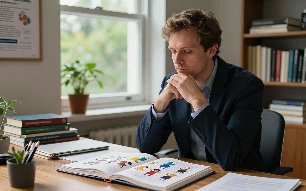 A serene and contemplative scene depicting a European male psychologist in a professional yet approachable demeanor, sitting at a wooden desk cluttered with developmental psychology books. In the foreground, a large open book reveals colorful illustrations of child development stages from latency to adolescence. In the middle ground, soft natural light filters through a window with lush greenery outside, symbolizing growth and nurturing environments. The background features a cozy office atmosphere adorned with framed research posters and a bookshelf filled with academic texts. The mood is reflective and insightful, capturing the essence of developmental psychology, identity formation, and interpersonal connections. The lens offers a warm, inviting perspective, capturing the essence of inquiry and understanding in the field. A serene and contemplative scene depicting a European male psychologist in a professional yet approachable demeanor, sitting at a wooden desk cluttered with developmental psychology books. In the foreground, a large open book reveals colorful illustrations of child development stages from latency to adolescence. In the middle ground, soft natural light filters through a window with lush greenery outside, symbolizing growth and nurturing environments. The background features a cozy office atmosphere adorned with framed research posters and a bookshelf filled with academic texts. The mood is reflective and insightful, capturing the essence of developmental psychology, identity formation, and interpersonal connections. The lens offers a warm, inviting perspective, capturing the essence of inquiry and understanding in the field.