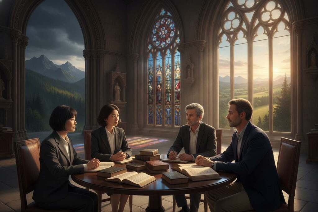 A serene and contemplative scene depicting the evolution of religious institutions and knowledge. In the foreground, a diverse group of individuals, including an Asian woman and a European man clad in professional attire, are engaged in deep discussion, surrounded by ancient texts and illuminated manuscripts. The middle ground features a grand, historic church with stained glass windows casting colorful light, symbolizing the intertwining of faith and intellect. The background showcases a scenic landscape transitioning from dark, oppressive elements representing ignorance to bright, open horizons representing enlightenment. Use soft, warm lighting to create an inviting and reflective atmosphere, captured from a slightly low angle to emphasize the grandeur of the architecture and the gravity of the conversation. A serene and contemplative scene depicting the evolution of religious institutions and knowledge. In the foreground, a diverse group of individuals, including an Asian woman and a European man clad in professional attire, are engaged in deep discussion, surrounded by ancient texts and illuminated manuscripts. The middle ground features a grand, historic church with stained glass windows casting colorful light, symbolizing the intertwining of faith and intellect. The background showcases a scenic landscape transitioning from dark, oppressive elements representing ignorance to bright, open horizons representing enlightenment. Use soft, warm lighting to create an inviting and reflective atmosphere, captured from a slightly low angle to emphasize the grandeur of the architecture and the gravity of the conversation.