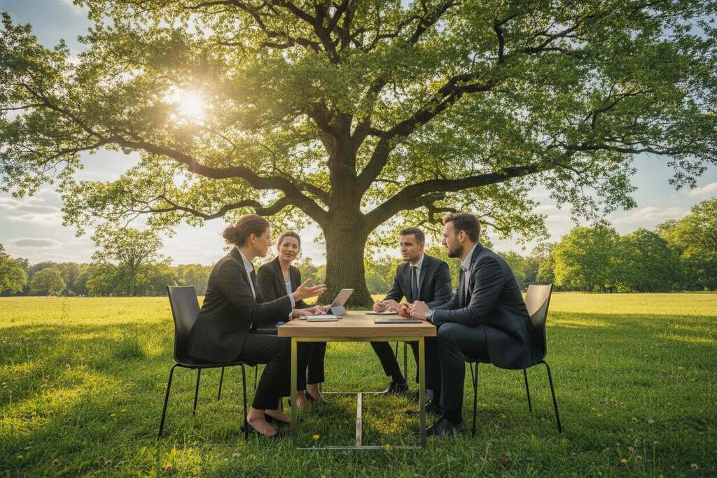 A serene and inspiring scene depicting the concept of "potenzialentfaltung," showcasing a diverse group of European professionals in business attire engaging in a collaborative brainstorming session outdoors in a lush green park. In the foreground, a woman enthusiastically shares her ideas with two men, all of them appearing focused and determined. In the middle ground, a large tree symbolizes growth, its branches stretching upward as if reaching for the sky. Sunlight filters through the leaves, casting a warm glow that enhances the atmosphere of optimism and creativity. The background features a clear blue sky and soft, fluffy clouds, suggesting a bright future ahead. The overall mood is uplifting and motivational, reflecting the pursuit of growth needs versus deficit needs.