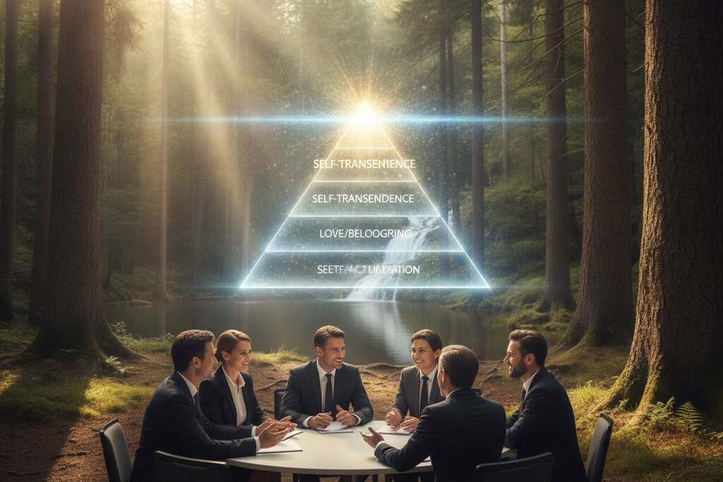 A serene and inspiring scene depicting the concept of "Self-Transcendence as the Sixth Level of the Hierarchy of Needs." In the foreground, a diverse group of European characters—dressed in professional business attire—are engaged in a collaborative discussion, illustrating unity and shared purpose. Their expressions reflect motivation and compassion. The middle ground features uplifting imagery like a glowing pyramid representing Maslow's hierarchy, with an ethereal aura around the top level symbolizing self-transcendence. In the background, a tranquil landscape with soft sunlight filtering through lush trees creates a warm and inviting atmosphere, enhancing the sense of growth and enlightenment. The lighting is soft and inviting, emphasizing the harmonious interaction among the individuals, captured with a wide-angle lens to encompass both the characters and the symbolic pyramid.
