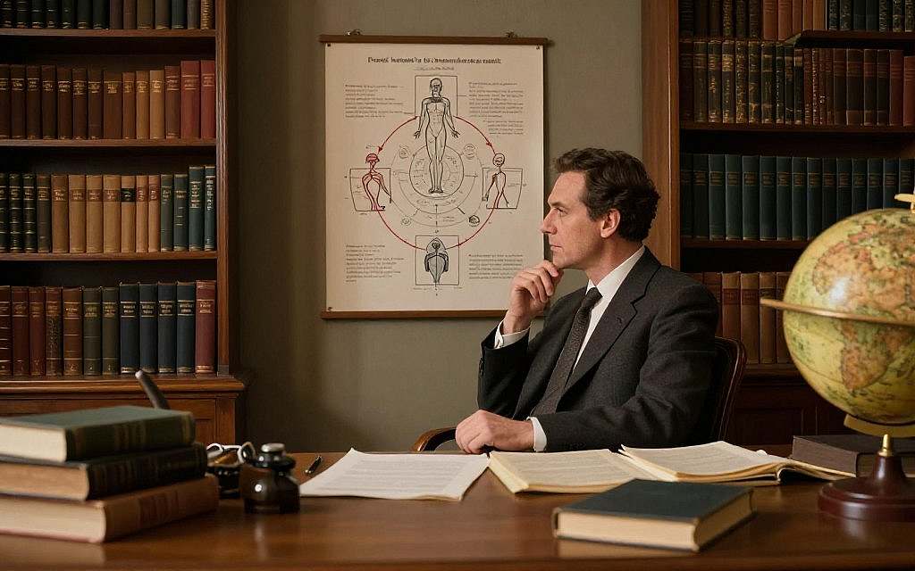 A serene and thought-provoking study room filled with classic psychoanalysis books and journals scattered on an oak desk in the foreground. In the middle, a focused European male psychologist in professional attire is seated, thoughtfully analyzing a diagram of Freud’s theories on the wall behind him, depicting human emotional development and sexuality. Soft, ambient lighting creates a warm atmosphere, illuminating the shelves filled with antique bookends and neatly arranged volumes. A vintage globe sits in one corner, hinting at a worldly approach to understanding human behavior. The mood is introspective and academic, evoking a sense of deep exploration into the complexities of the human psyche. A serene and thought-provoking study room filled with classic psychoanalysis books and journals scattered on an oak desk in the foreground. In the middle, a focused European male psychologist in professional attire is seated, thoughtfully analyzing a diagram of Freud’s theories on the wall behind him, depicting human emotional development and sexuality. Soft, ambient lighting creates a warm atmosphere, illuminating the shelves filled with antique bookends and neatly arranged volumes. A vintage globe sits in one corner, hinting at a worldly approach to understanding human behavior. The mood is introspective and academic, evoking a sense of deep exploration into the complexities of the human psyche.