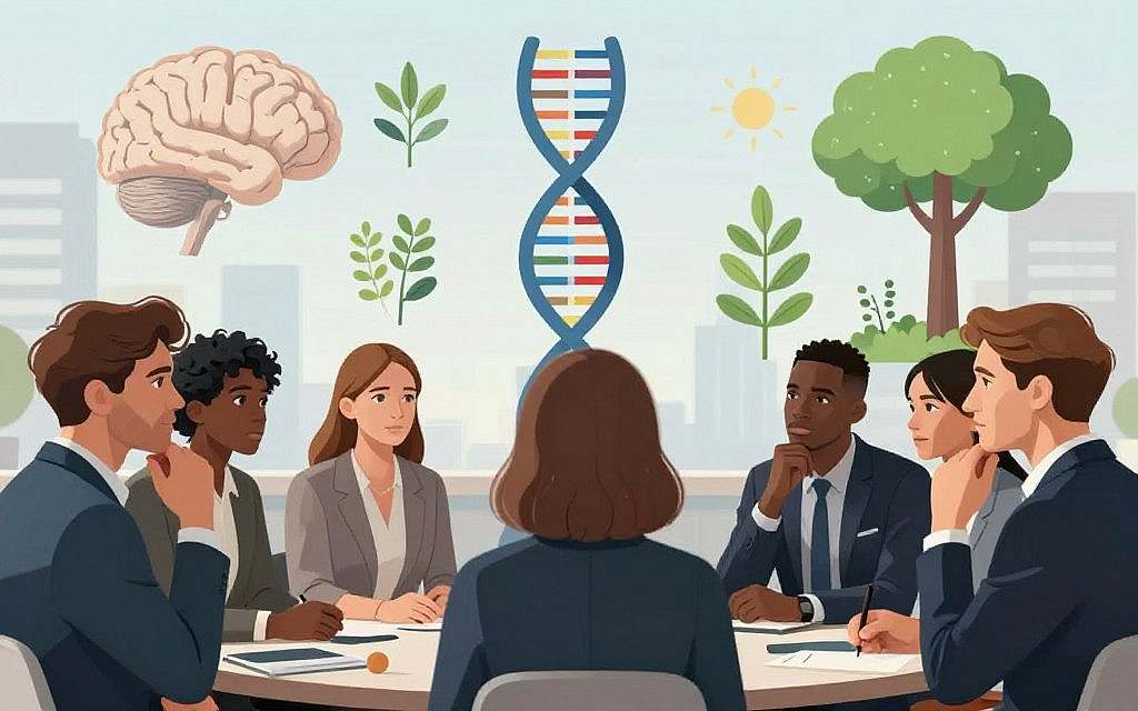 A serene and thoughtful illustration of the interaction between genetics, psychology, and environment in the context of the causes of homosexuality. In the foreground, a diverse group of European individuals in professional attire, engaged in a deep discussion, showcasing varying expressions of curiosity and contemplation. The middle ground features a symbolic representation of DNA strands intertwined with brain imagery and natural elements, such as trees and plants, representing the environmental influences. In the background, soft, diffused lighting creates a calm atmosphere, with a subtly blurred urban landscape that suggests a modern setting. The overall mood is reflective, encouraging an understanding of the complexity of the topic, rendered in a realistic style with a focus on color harmony and clarity. A serene and thoughtful illustration of the interaction between genetics, psychology, and environment in the context of the causes of homosexuality. In the foreground, a diverse group of European individuals in professional attire, engaged in a deep discussion, showcasing varying expressions of curiosity and contemplation. The middle ground features a symbolic representation of DNA strands intertwined with brain imagery and natural elements, such as trees and plants, representing the environmental influences. In the background, soft, diffused lighting creates a calm atmosphere, with a subtly blurred urban landscape that suggests a modern setting. The overall mood is reflective, encouraging an understanding of the complexity of the topic, rendered in a realistic style with a focus on color harmony and clarity.