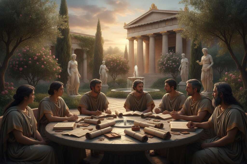 A serene and thoughtful scene depicting the wisdom of antiquity, featuring a lush, sun-dappled ancient Greek courtyard. In the foreground, a diverse group of scholars, including both Asian and European characters, dressed in modest, professional attire, is engaged in deep discussion around a stone table, scattered with scrolls and ancient texts. The middle ground showcases classical statues and lush greenery, symbolizing the fusion of philosophy and spirituality. In the background, a majestic temple partially obscured by gentle, moving clouds, illuminated by soft, golden sunlight creating a tranquil and inspiring atmosphere. The overall mood reflects a sense of enlightenment and quest for knowledge, inviting viewers to immerse themselves in the rich tapestry of ancient wisdom. Capture this scene with a warm, inviting color palette and a slightly elevated perspective, emphasizing the serene gathering. A serene and thoughtful scene depicting the wisdom of antiquity, featuring a lush, sun-dappled ancient Greek courtyard. In the foreground, a diverse group of scholars, including both Asian and European characters, dressed in modest, professional attire, is engaged in deep discussion around a stone table, scattered with scrolls and ancient texts. The middle ground showcases classical statues and lush greenery, symbolizing the fusion of philosophy and spirituality. In the background, a majestic temple partially obscured by gentle, moving clouds, illuminated by soft, golden sunlight creating a tranquil and inspiring atmosphere. The overall mood reflects a sense of enlightenment and quest for knowledge, inviting viewers to immerse themselves in the rich tapestry of ancient wisdom. Capture this scene with a warm, inviting color palette and a slightly elevated perspective, emphasizing the serene gathering.