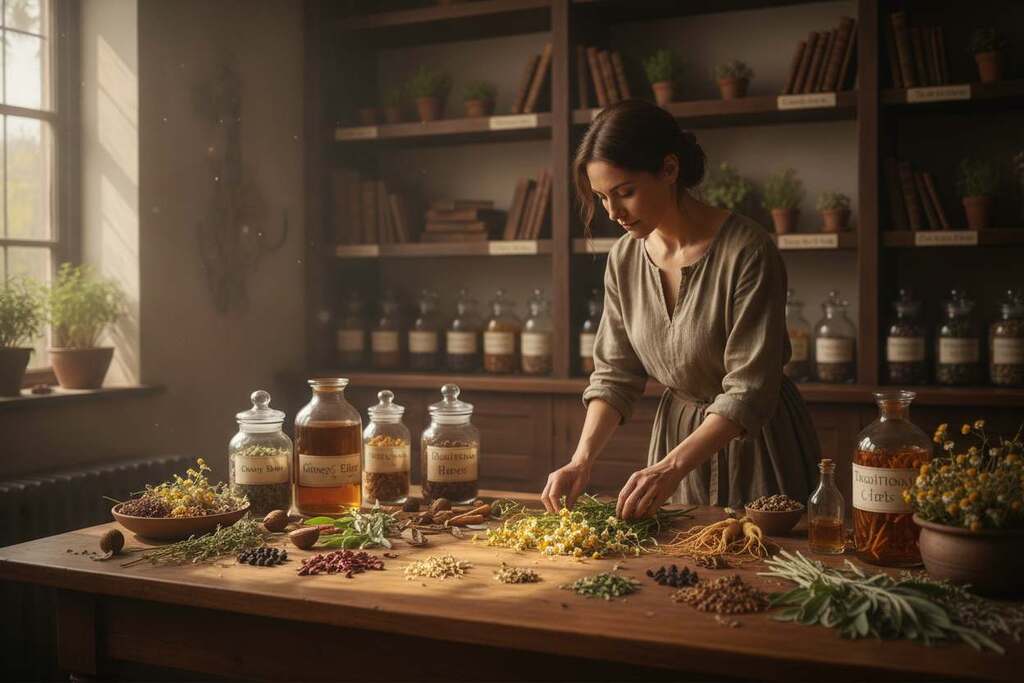 A serene apothecary scene depicting global herbal traditions in herbal medicine. In the foreground, a European herbalist in modest clothing is carefully examining a wooden table filled with an array of vibrant herbs and plants from various cultures, such as chamomile, ginseng, and sage. In the middle ground, intricately designed jars and bottles containing herbal tinctures showcase the diversity of herbal practices. The background features a softly lit room adorned with wooden shelves lined with books on herbal medicine and subtle floral decorations. Warm, natural lighting filters in, casting gentle shadows and creating an inviting atmosphere. The overall mood is focused and serene, emphasizing the wisdom and respect for nature that underpins global herbal traditions.