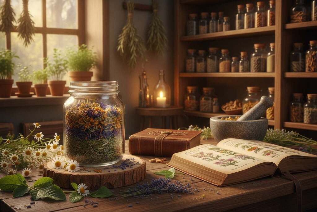 A serene apothecary setting featuring a wooden countertop filled with various herbs and plants commonly used in herbal medicine. In the foreground, a glass jar filled with a colorful herbal mixture is prominently displayed, surrounded by fresh leaves and flowers, such as chamomile and lavender. In the middle ground, an open book detailing the properties and applications of these herbs lies next to a mortar and pestle, symbolizing the blending of natural ingredients. In the background, soft, warm lighting creates an inviting atmosphere, illuminating shelves filled with glass bottles and dried herbs. The composition conveys a sense of discovery and tradition in herbal healing, with a focus on the richness of complex herbal mixtures. The scene embodies tranquility and professionalism, evoking a sense of trust in nature's remedies.