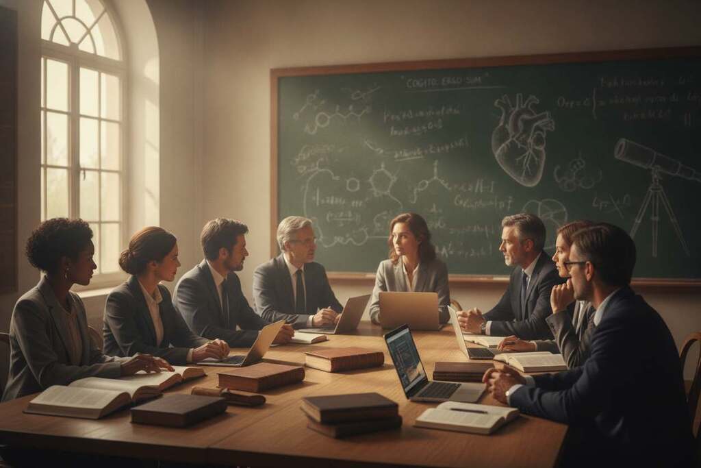 A serene classroom setting depicting the fusion of modern education and the spirit of the scientific revolution. In the foreground, a diverse group of well-dressed professionals engage in deep discussion around a large table filled with books, digital tools, and ancient texts, symbolizing the connection between past wisdom and present knowledge. The middle ground features a large window, allowing natural light to flood in, illuminating the academic atmosphere. In the background, a chalkboard filled with complex equations and philosophical quotes hints at intellectual exploration. The mood is reflective and contemplative, emphasizing the importance of nurturing the inner self within modern education. Use warm, inviting tones and a soft focus to create an inspiring yet thought-provoking environment. Shot with a 50mm lens to enhance depth of field. A serene classroom setting depicting the fusion of modern education and the spirit of the scientific revolution. In the foreground, a diverse group of well-dressed professionals engage in deep discussion around a large table filled with books, digital tools, and ancient texts, symbolizing the connection between past wisdom and present knowledge. The middle ground features a large window, allowing natural light to flood in, illuminating the academic atmosphere. In the background, a chalkboard filled with complex equations and philosophical quotes hints at intellectual exploration. The mood is reflective and contemplative, emphasizing the importance of nurturing the inner self within modern education. Use warm, inviting tones and a soft focus to create an inspiring yet thought-provoking environment. Shot with a 50mm lens to enhance depth of field.