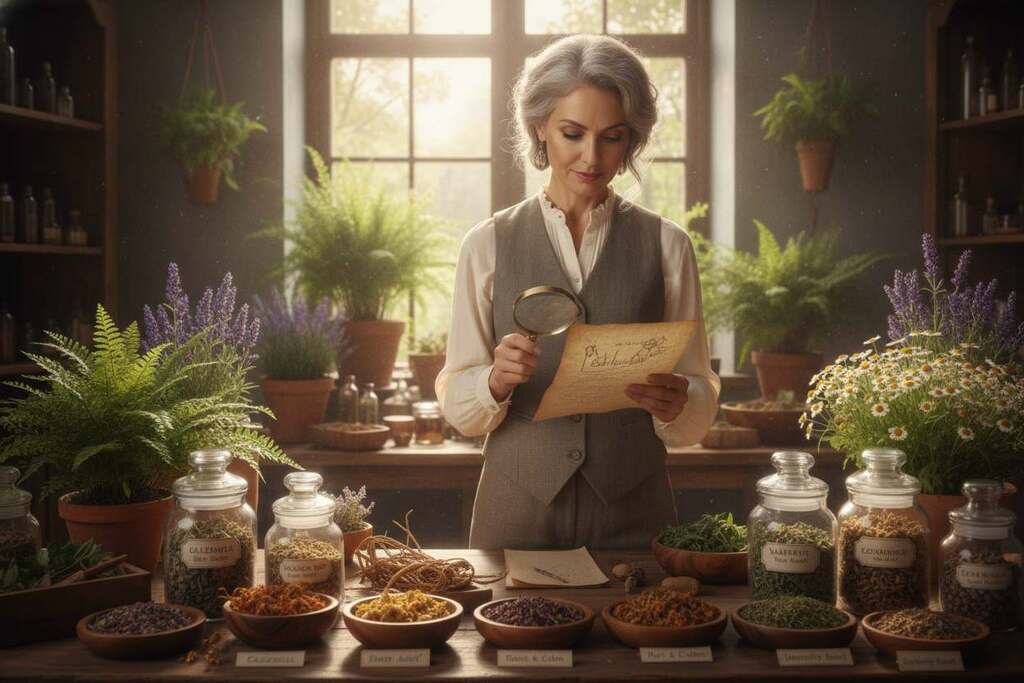 A serene herbal apothecary scene showcasing various natural ingredients used in Arno Wolle's medicinal herbal blends. In the foreground, display an assortment of dried herbs, flowers, and roots artfully arranged in small wooden bowls and glass jars, with labels denoting their healing properties. In the middle, feature an elegant, well-dressed European herbalist, studying a recipe on parchment, surrounded by lush greenery and vibrant plants indicative of these ingredients. In the background, soft sunlight filters through a window, creating a warm, inviting atmosphere filled with delicate dust particles dancing in the light. The setting exudes a sense of tranquility and expertise, perfect for illustrating the role of herbal components in natural medicine.
