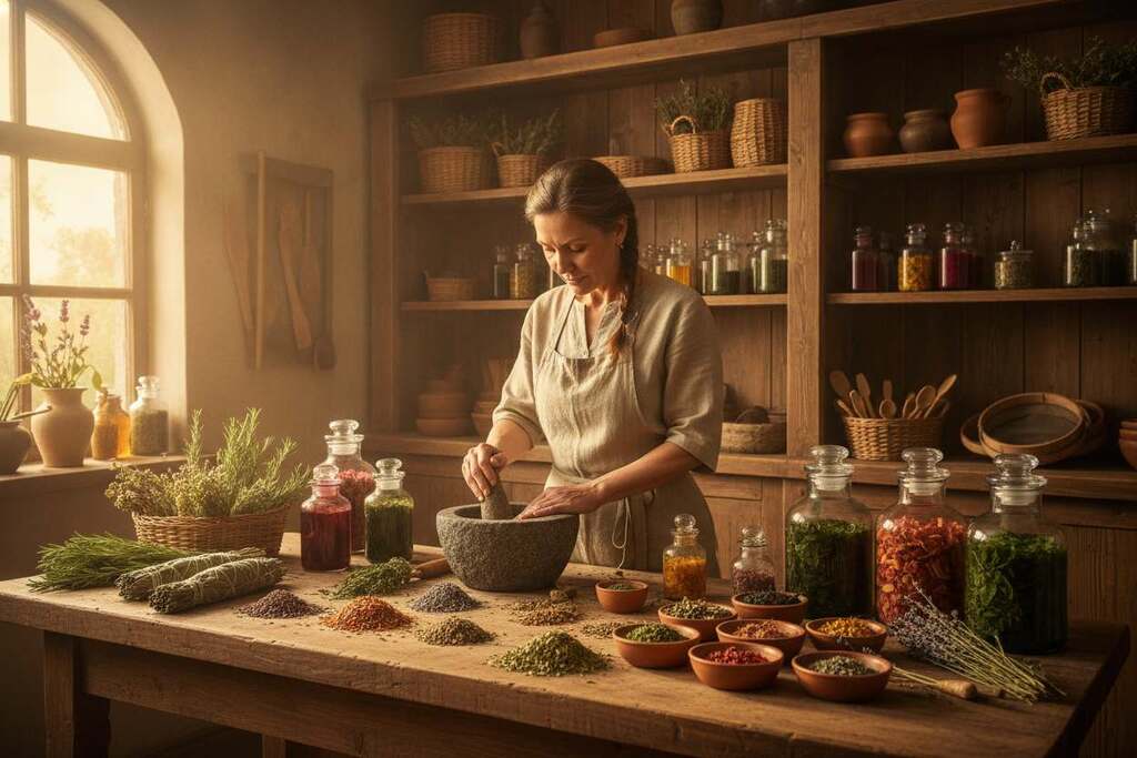 A serene herbal preparation scene featuring a European herbalist in a modest, professional attire, working in a rustic wooden workshop. The foreground includes a wooden table laden with various traditional herbal mixtures and bundles of dried herbs, highlighting the natural textures and colors—greens, browns, and earthy tones. In the middle, the herbalist is gently mixing the herbs in a stone bowl, with focused expression, surrounded by glass jars filled with colorful herbal remedies. The background displays shelves filled with more herbs and tools, softly illuminated by warm, natural light streaming in through a window, creating a calming, inviting atmosphere that reflects the essence of traditional herbal medicine.