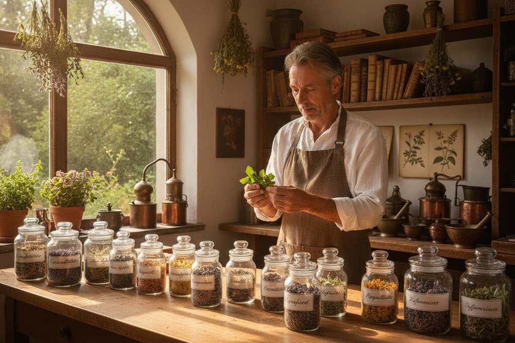 A serene herbal workshop scene showcasing the essence of the "Wolle Natur-System." In the foreground, a well-organized wooden table displays an array of vibrant dried herbs in glass jars, labeled with their names. A European herbalist, dressed in a modest white shirt and brown apron, carefully examines a handful of green leaves, embodying expertise and passion. In the middle ground, shelves are lined with various botanical books and rustic tools, enhancing the atmosphere of natural medicine. Soft, warm sunlight filters through a nearby window, casting gentle shadows and illuminating the herbs with a golden glow. In the background, lush greenery can be seen through the window, reinforcing the connection to nature. The overall mood is calm, inviting, and educational, emphasizing the healing properties of the herbal mixtures.